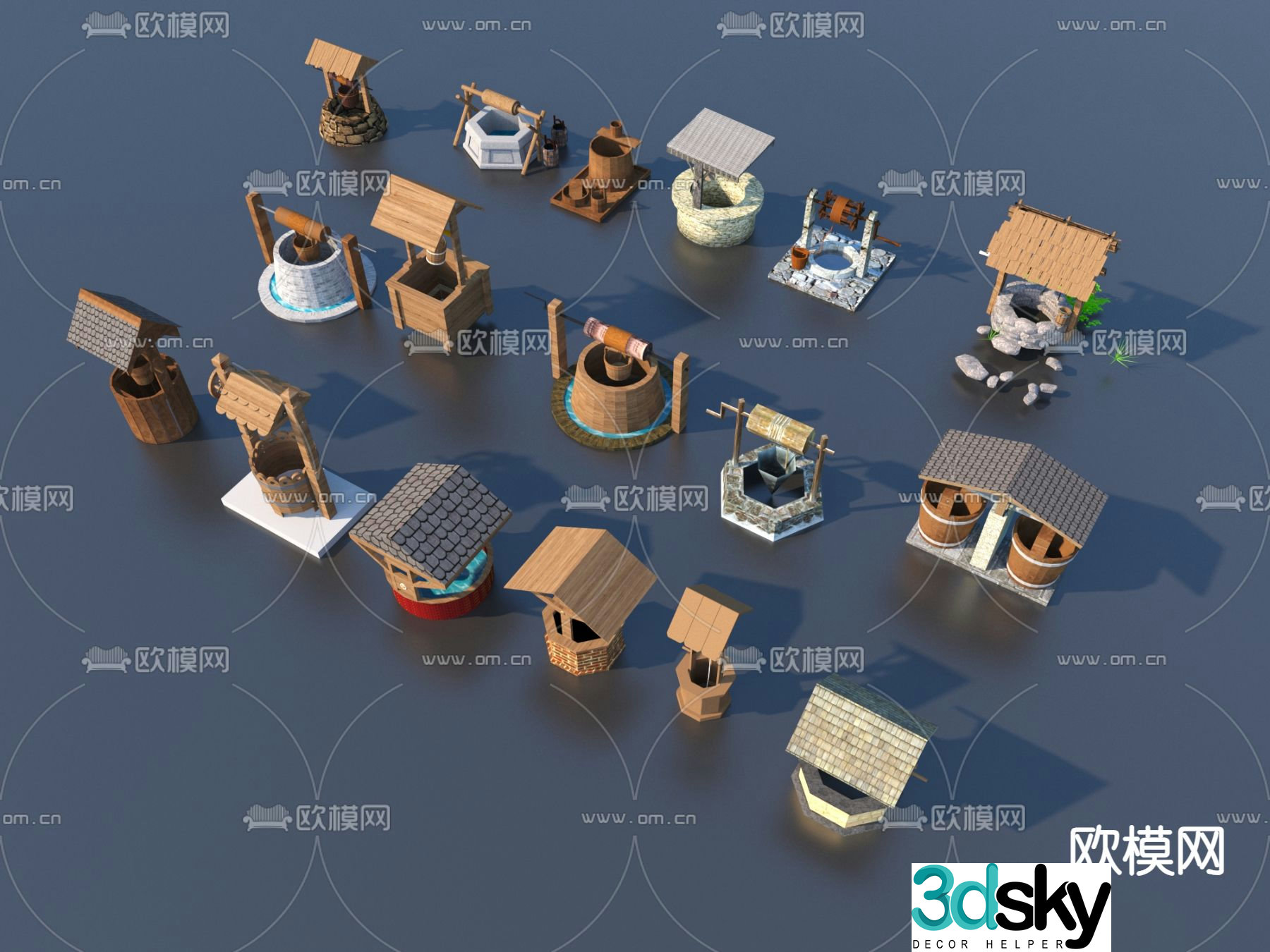 Folk sketch water well ancient water well farm tools 3D model