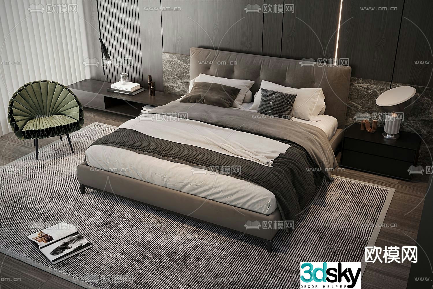 Modern double bed fabric bed 3d model