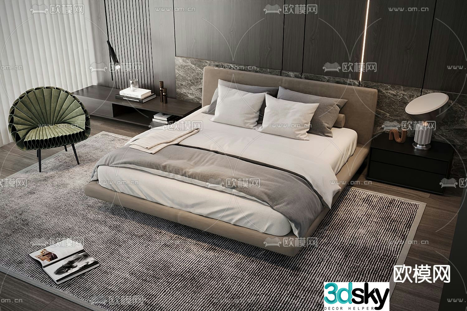 Modern double bed fabric bed 3d model