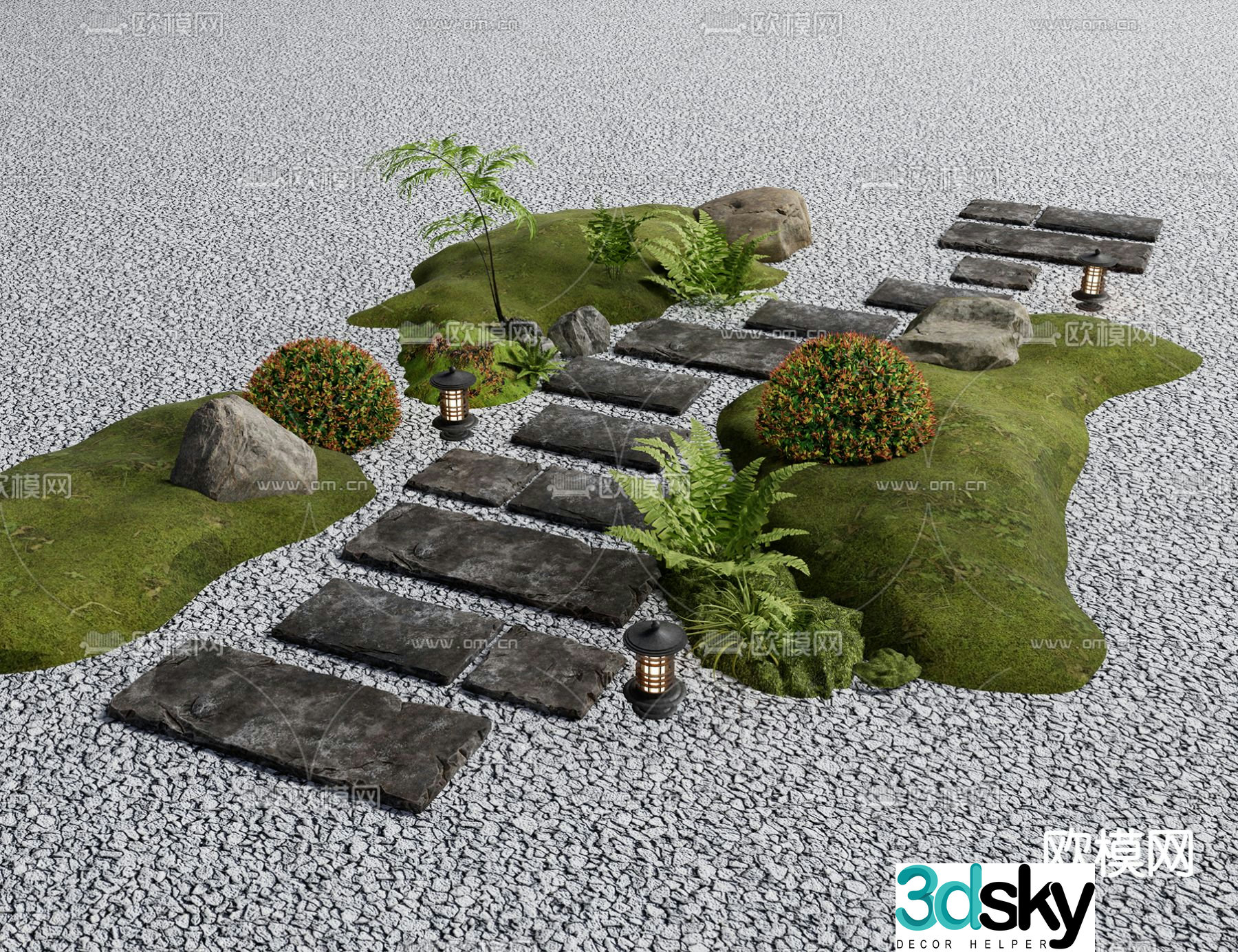 Modern Tingstep Landscape Tingstep Green Plant Pile Stone 3D Model