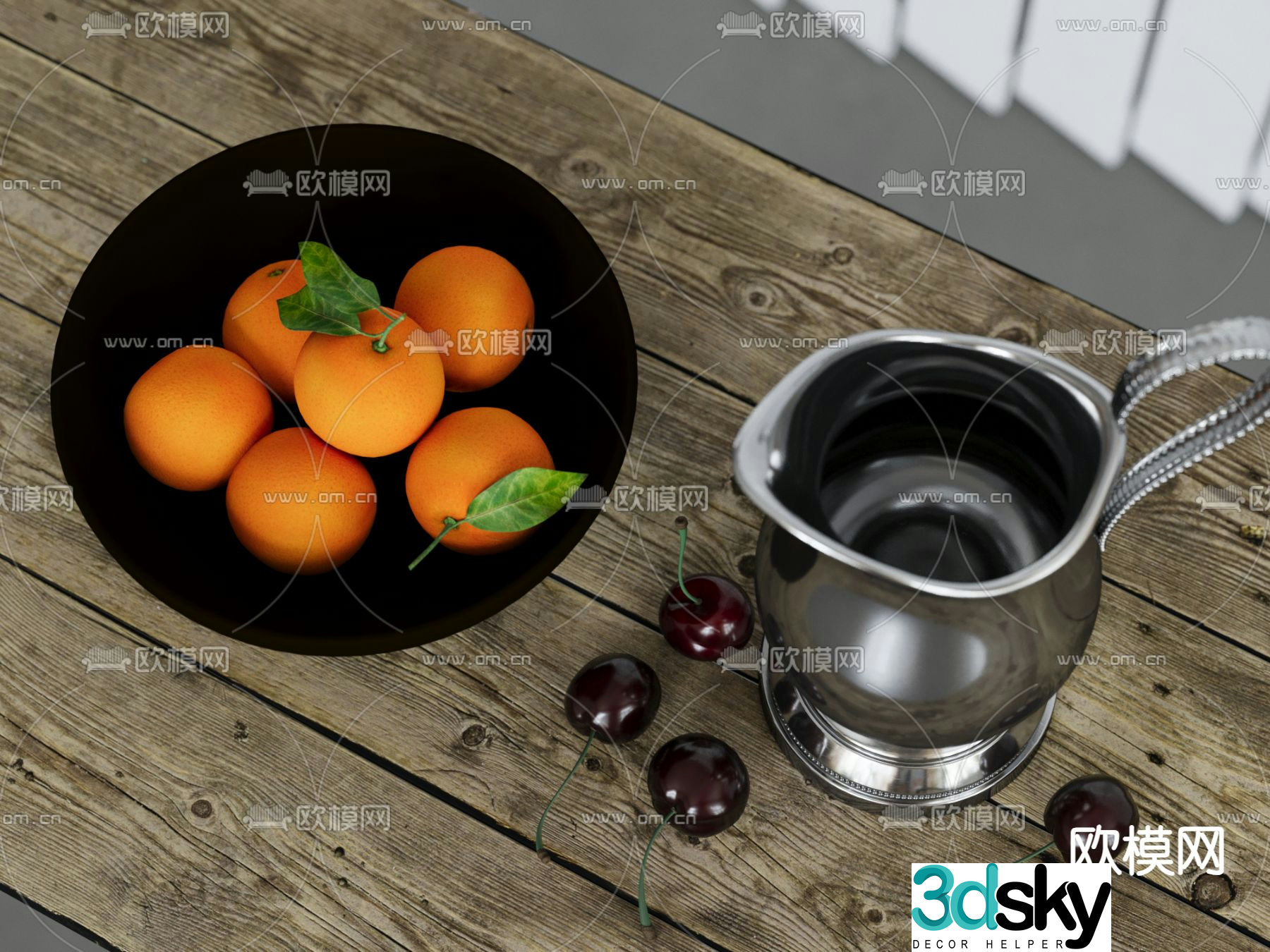 Modern fruit plate oranges cherries iron kettle 3d model