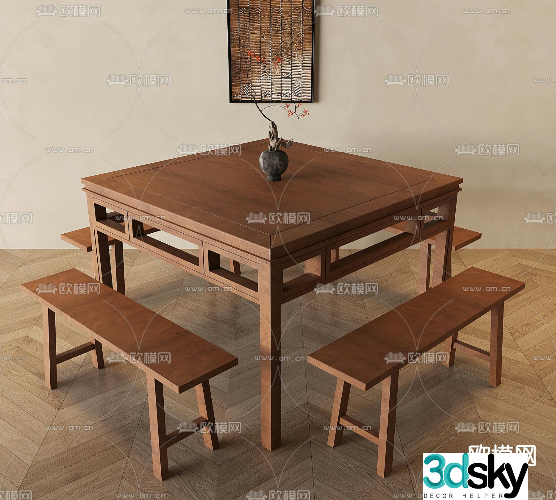 New Chinese dining table and chairs 3d model