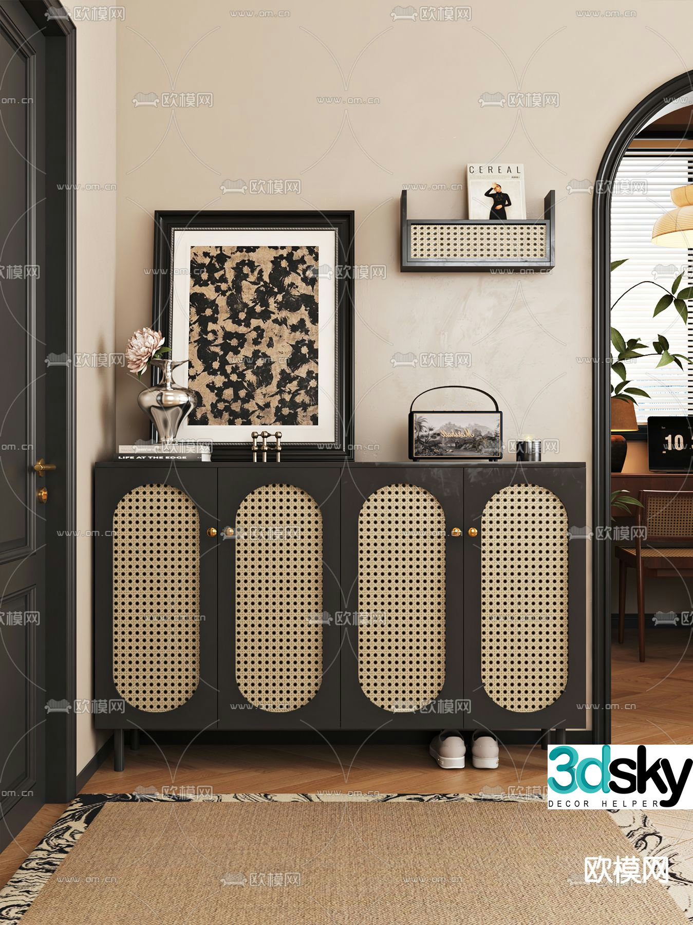 French shoe cabinet rattan shoe cabinet 3d model