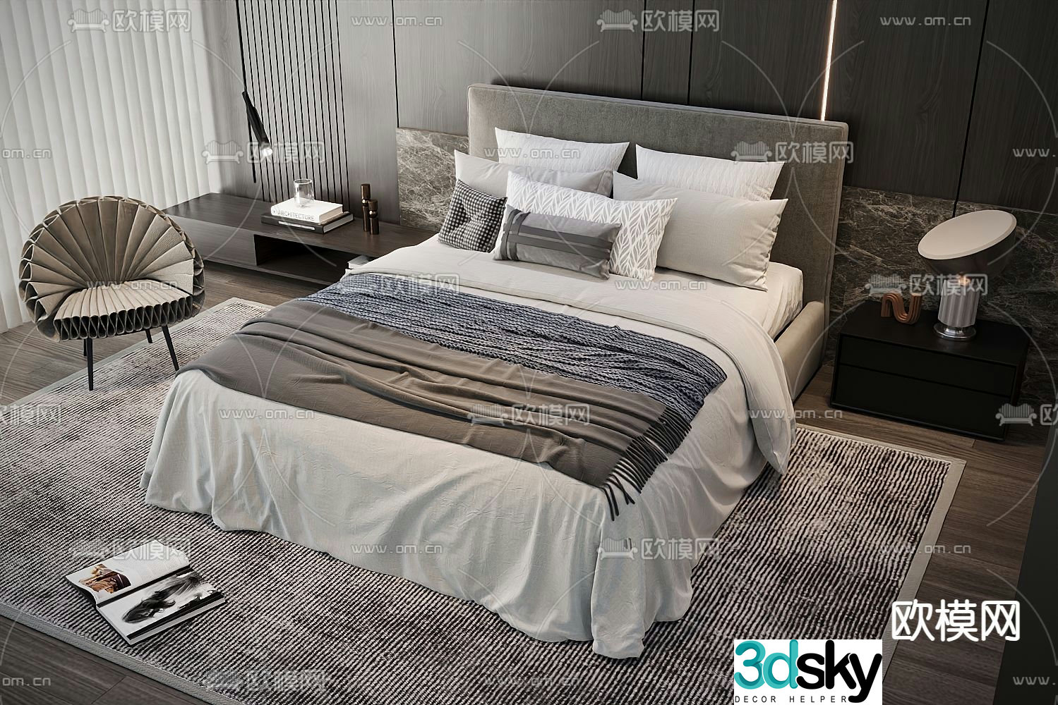 Modern double bed fabric bed 3d model