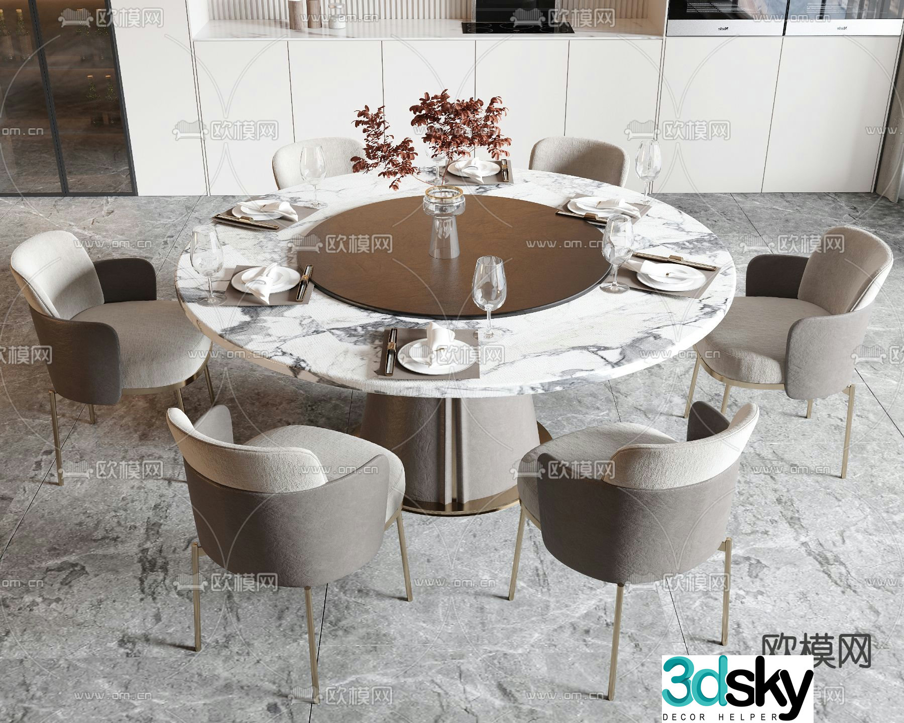Light luxury dining table and chairs round dining table 3D model