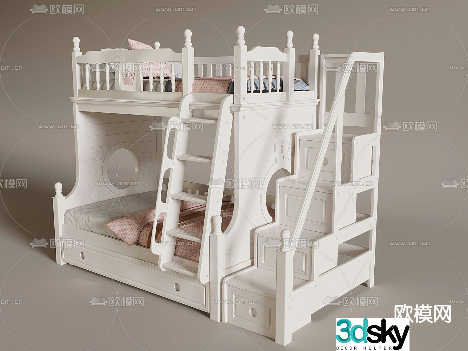 Cream style children’s bed bunk bed bunk bed 3d model