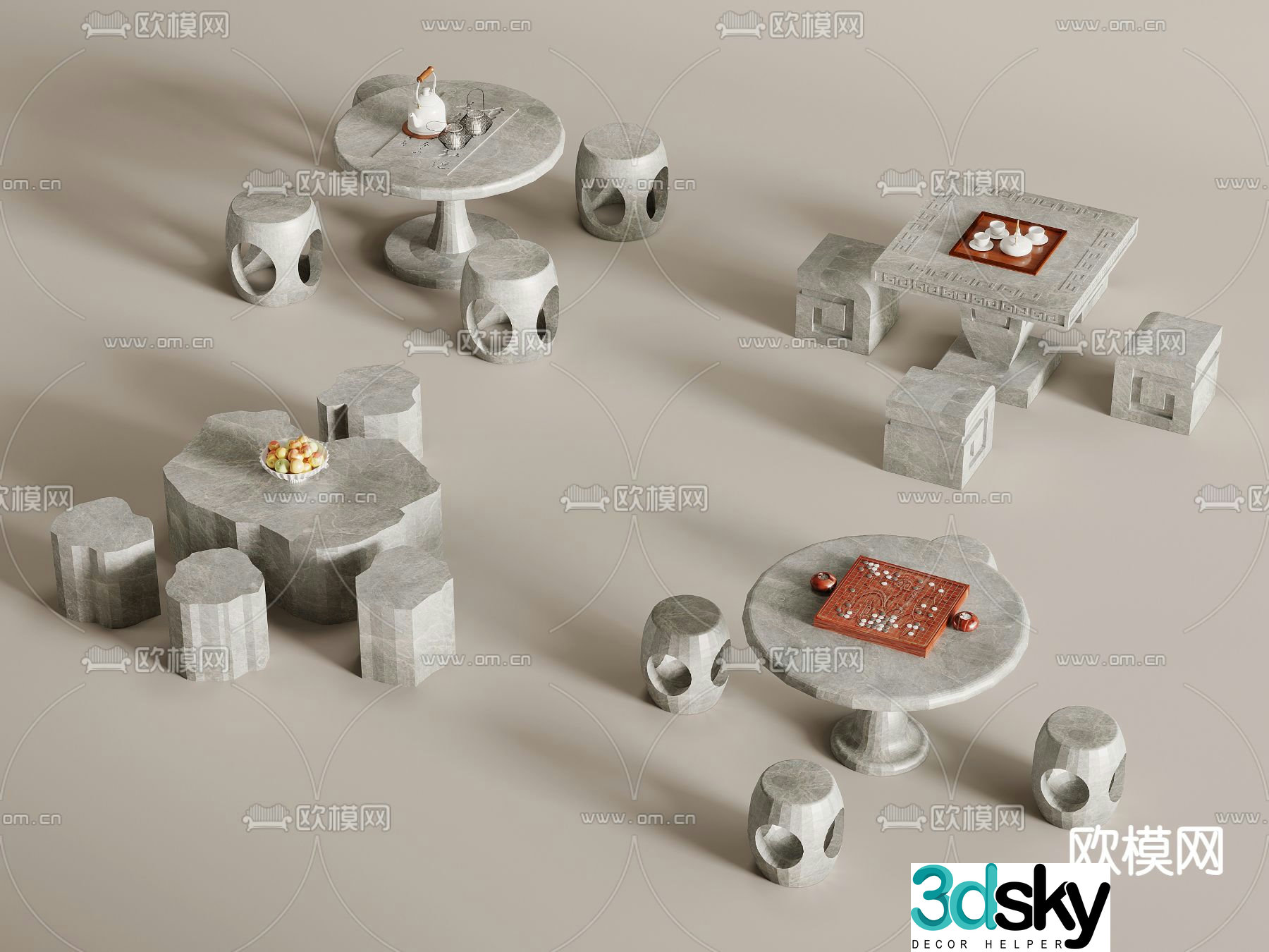 New Chinese stone table Go table outdoor table chair 3D model