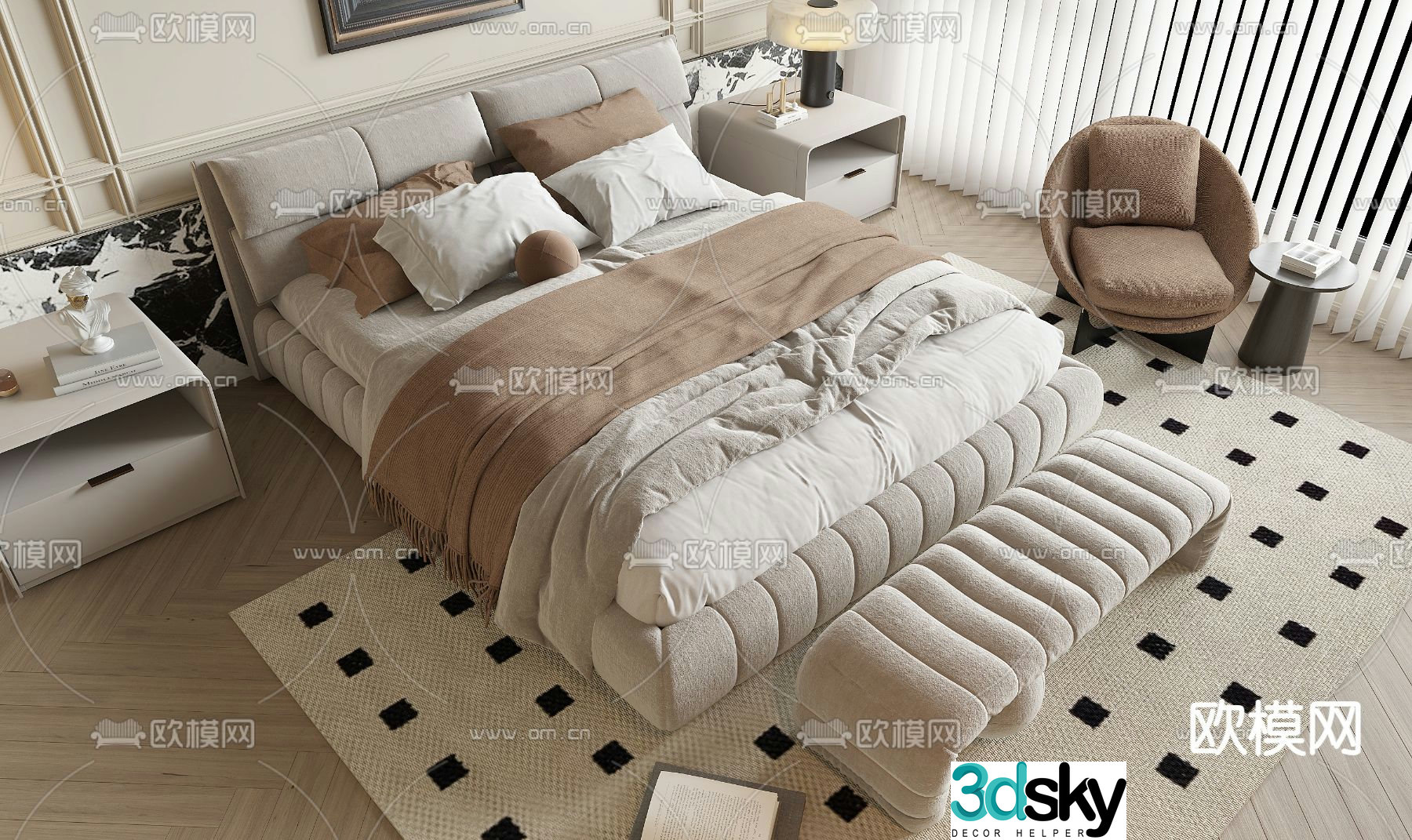 French double bed 3d model