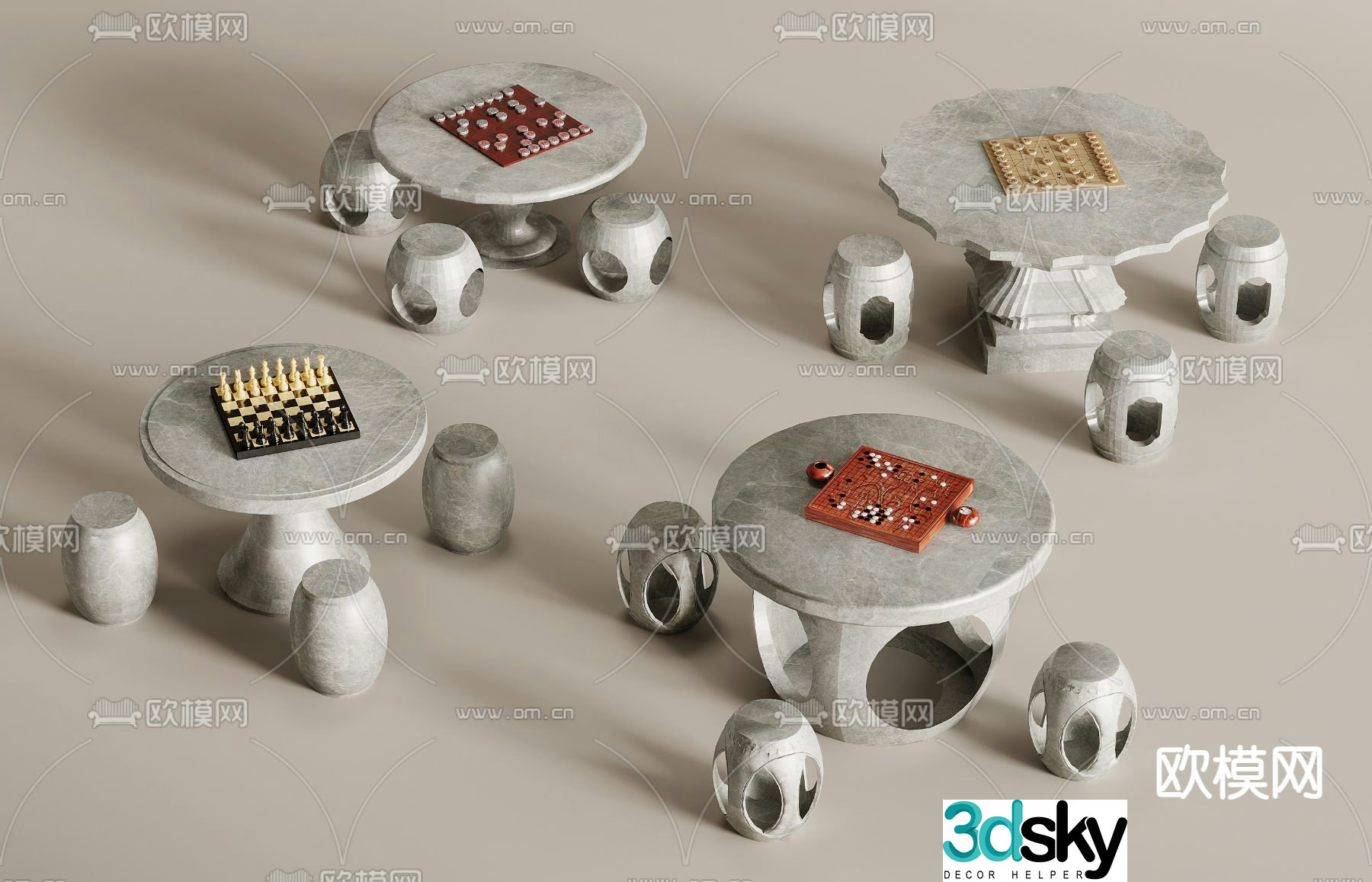 New Chinese style stone table chess table outdoor table and chairs 3d model