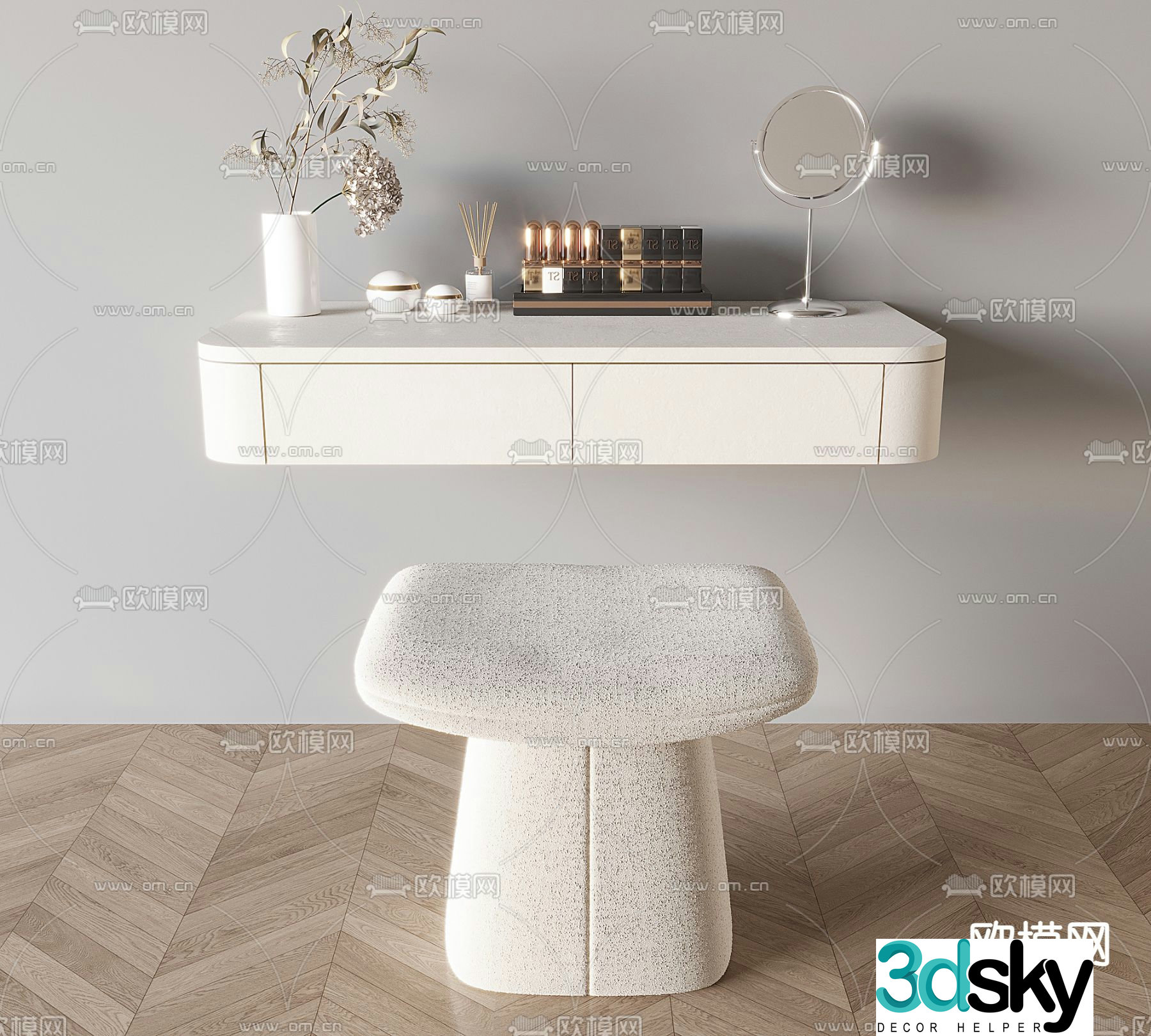 Cream style dressing table hanging makeup table 3d model