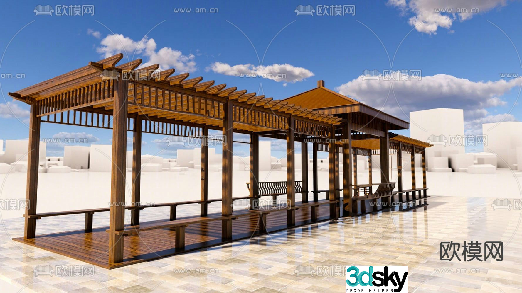 New Chinese style gallery leisure corridor 3D model