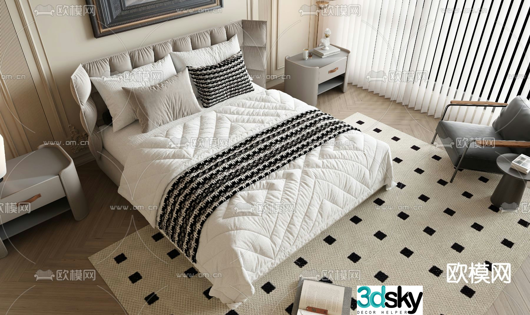 French double bed 3d model