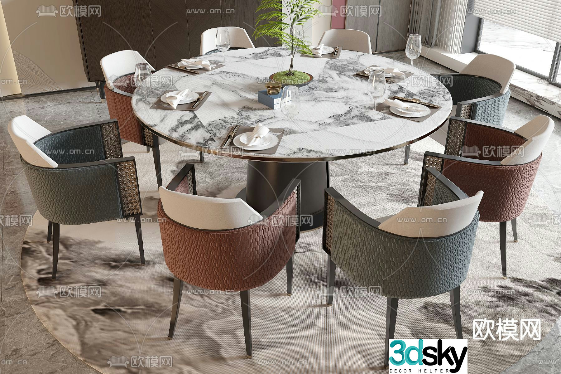 New Chinese style dining table and chairs round dining table 3d model