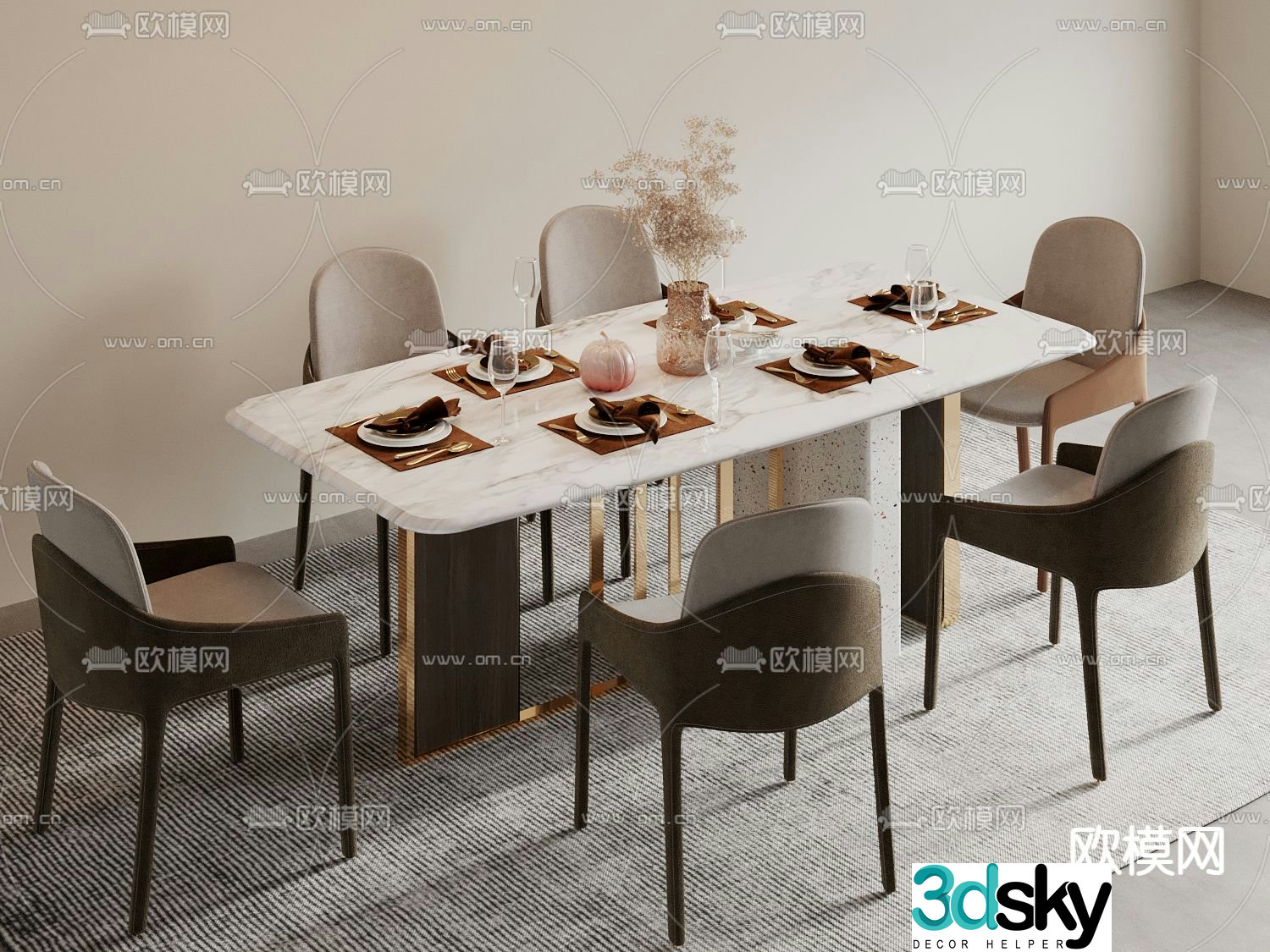 Light luxury dining table and chairs 3D model