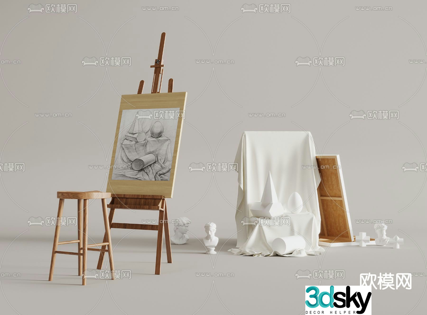 Modern painting tools, drawing board, sketch 3d model