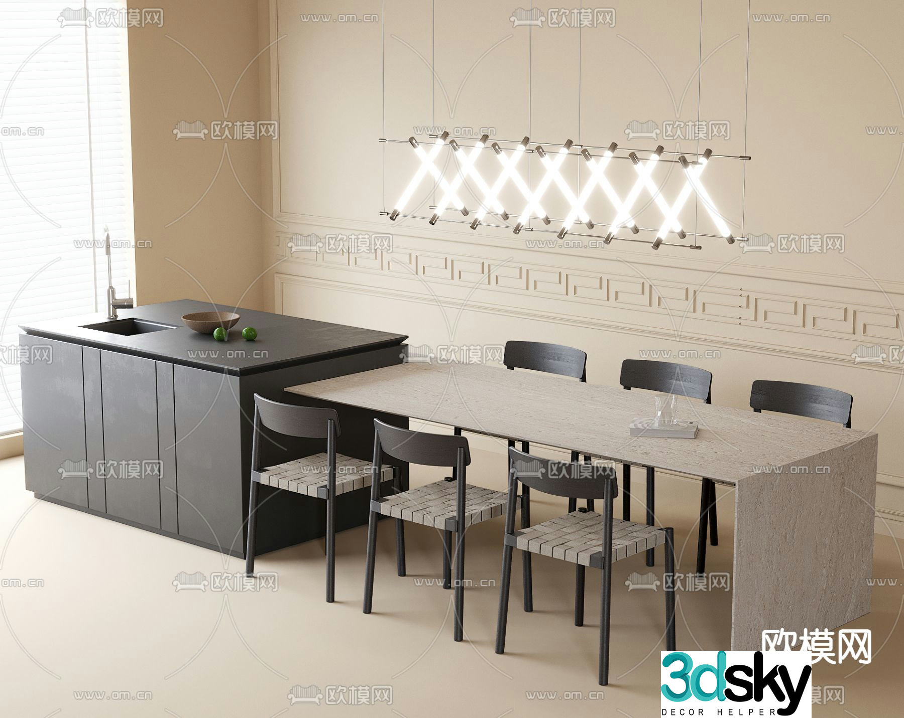 Modern dining table and chairs island dining table 3d model
