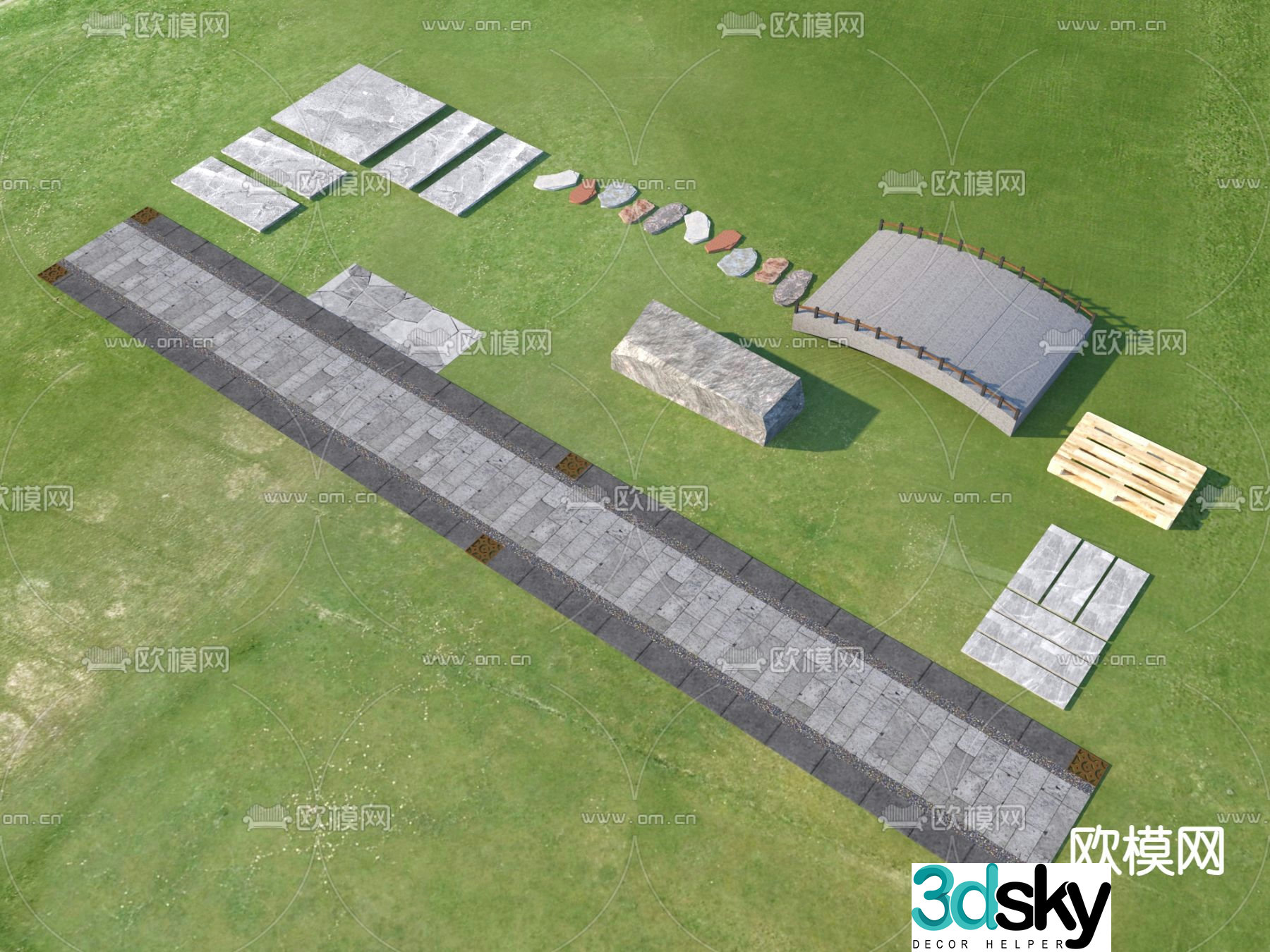 Landscape garden road park steps stone paving 3D model