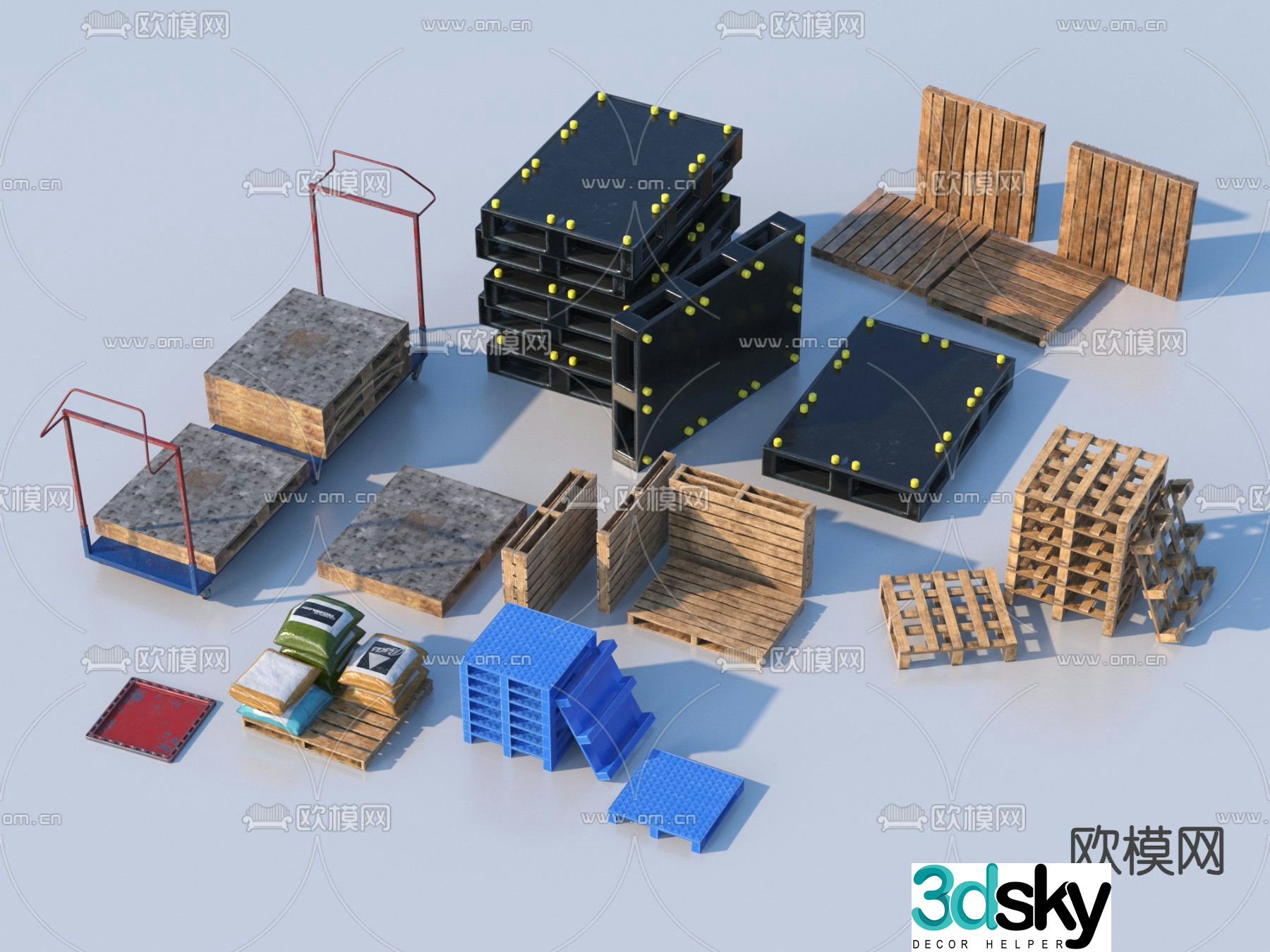 Pallets, wooden frames, shelves, packages, industrial equipment 3D model