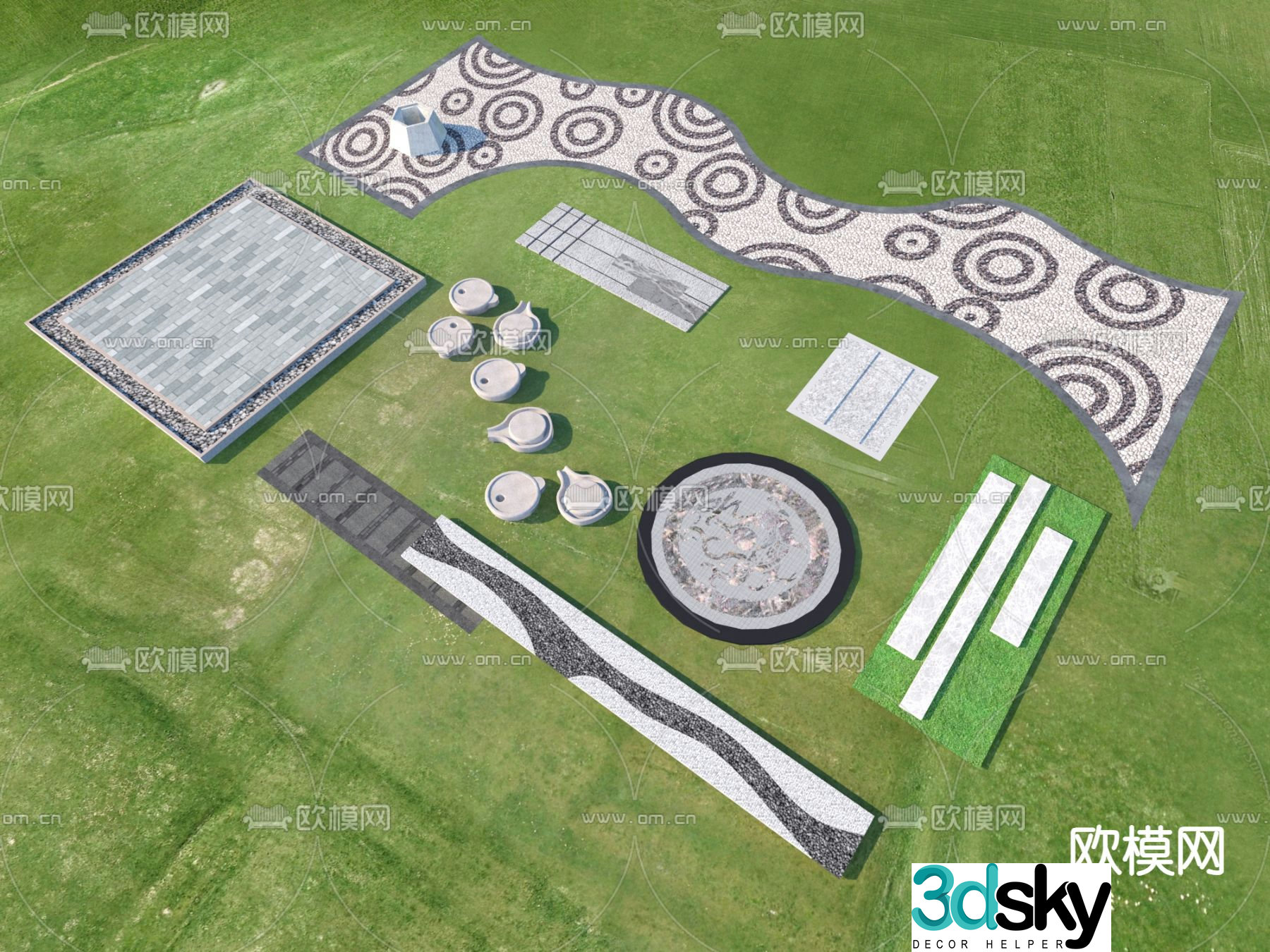 New Chinese style landscape garden road park steps stone paving 3D model