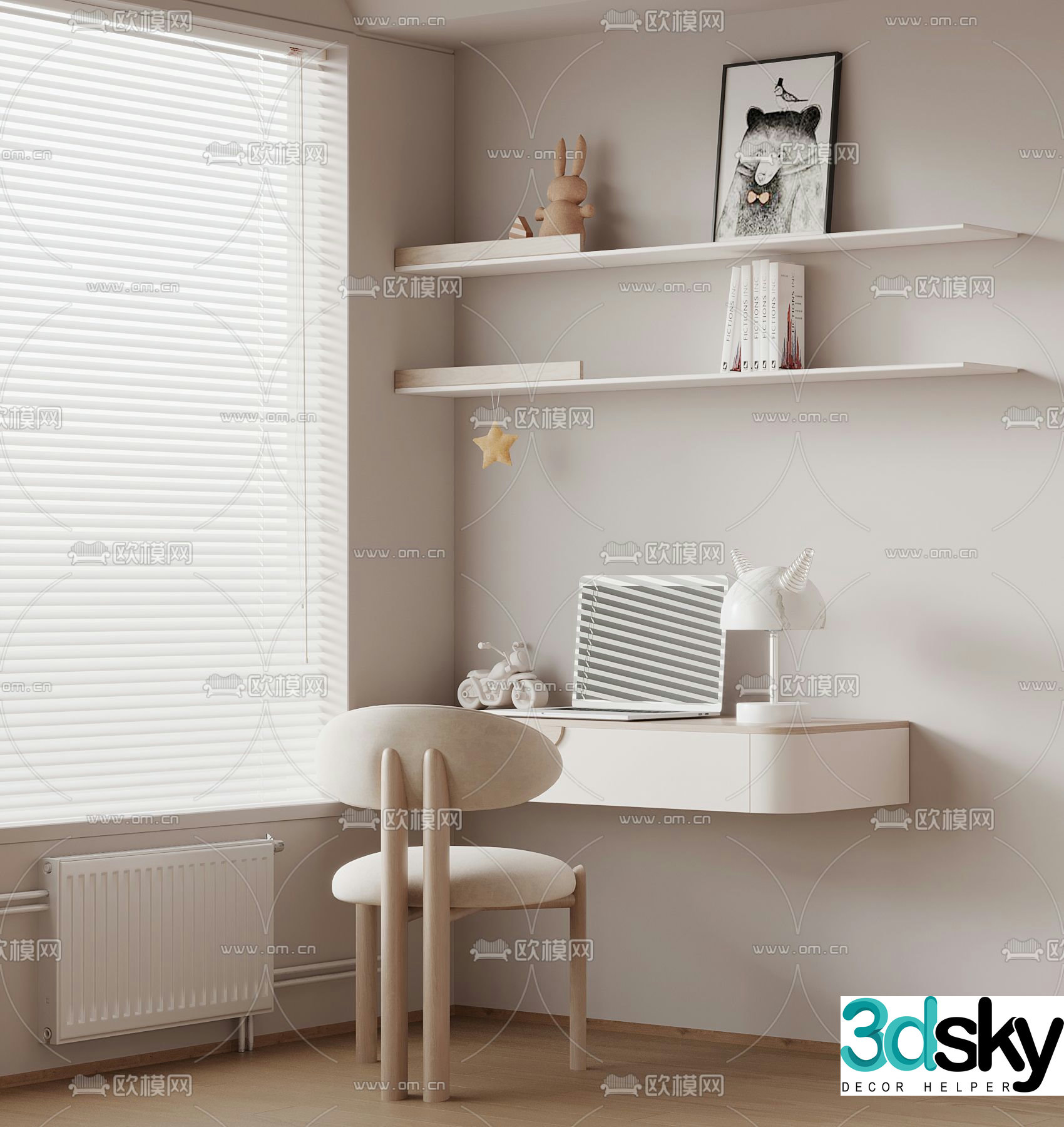 Cream style desk writing desk 3d model