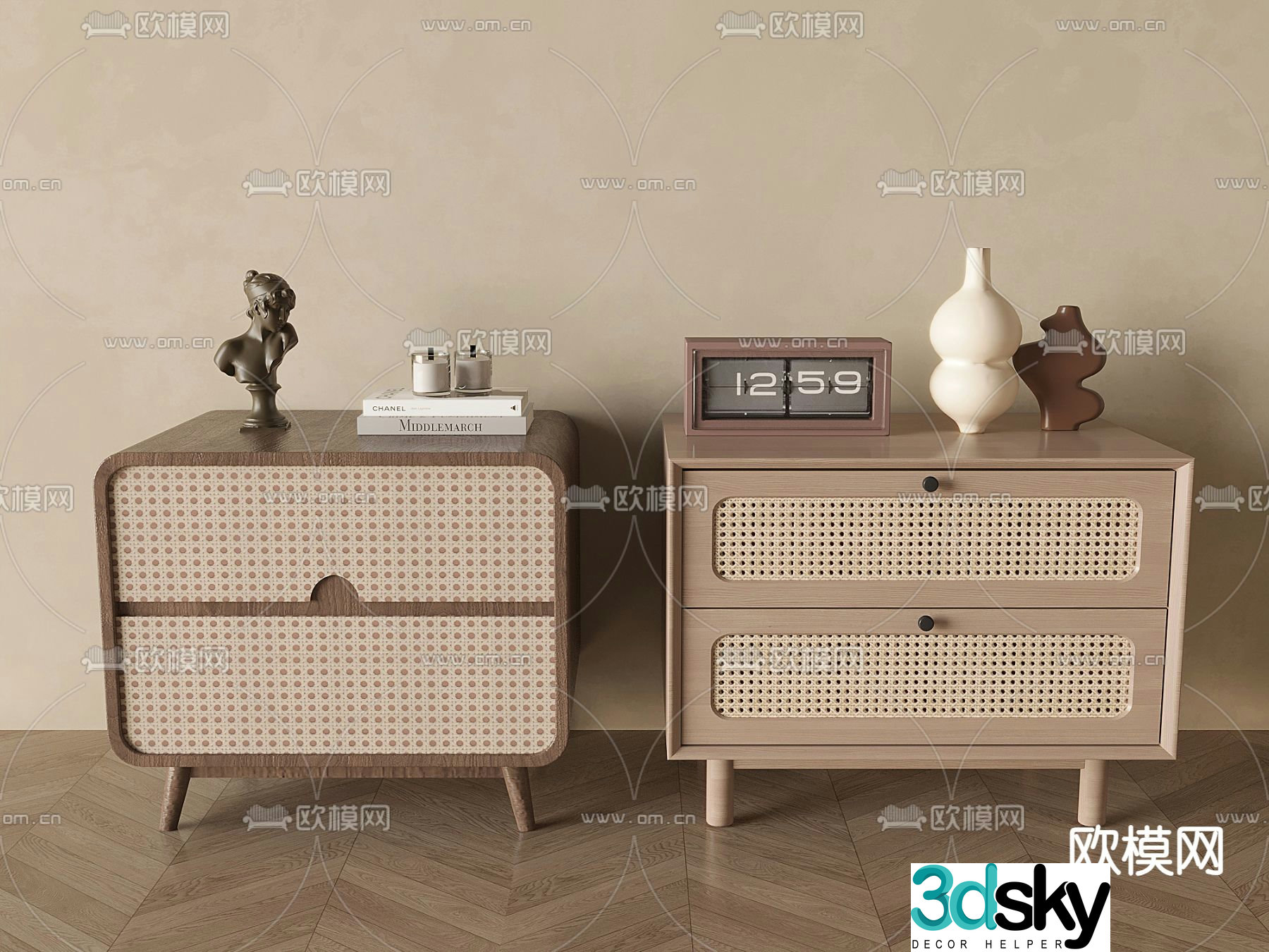 Wabi-sabi style rattan bedside table 3D model