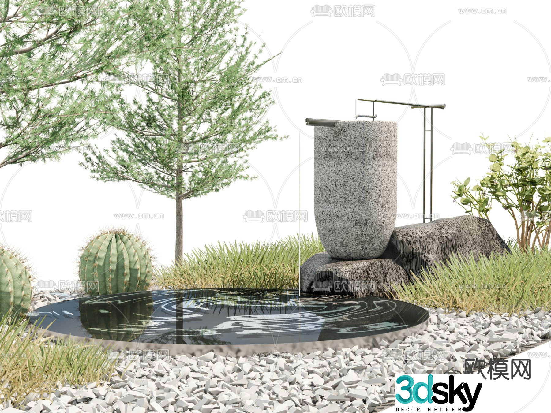 New Chinese style courtyard landscape clay pot flowing water 3D model