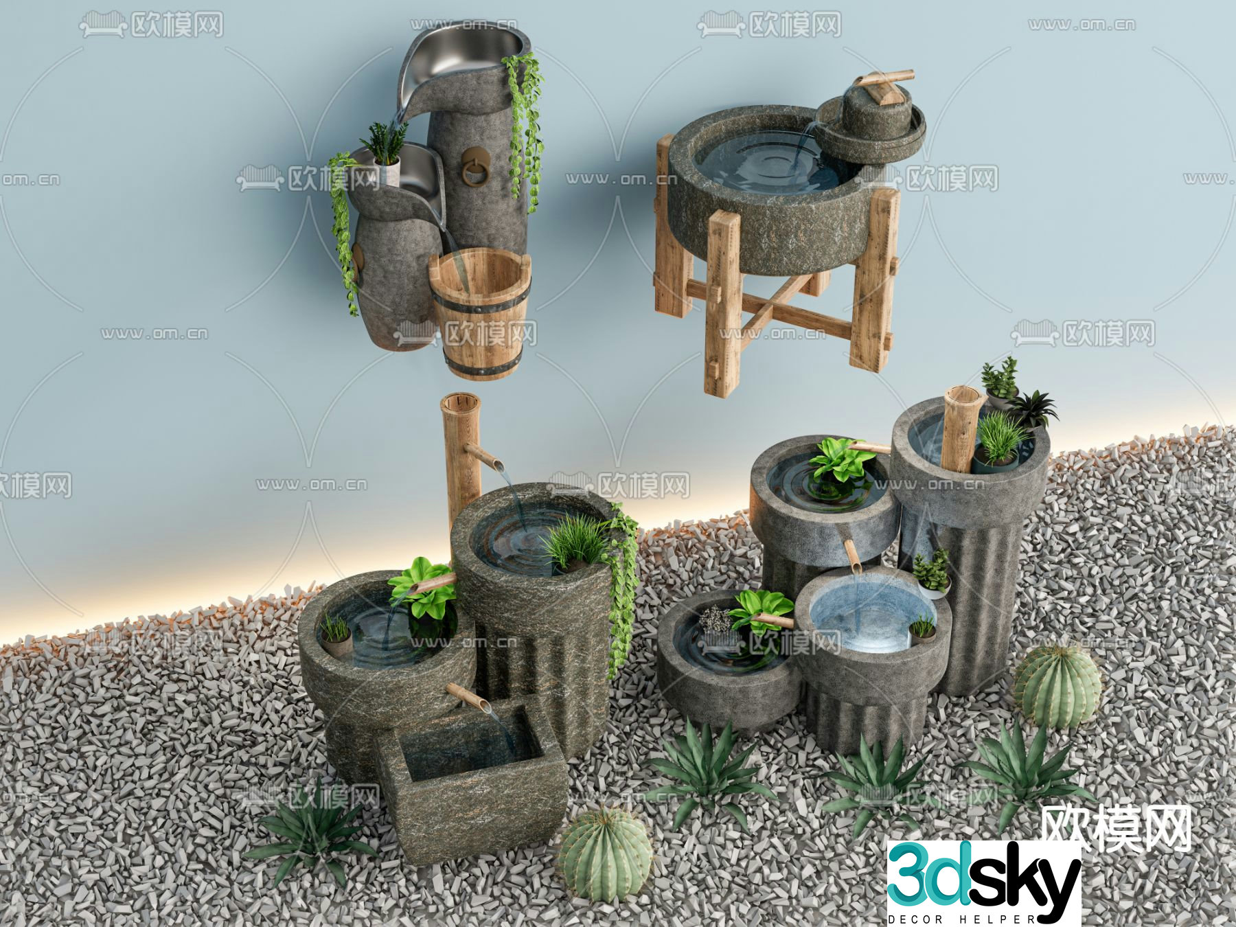 Chinese style flowing water stone mill flowing water sketch 3D model