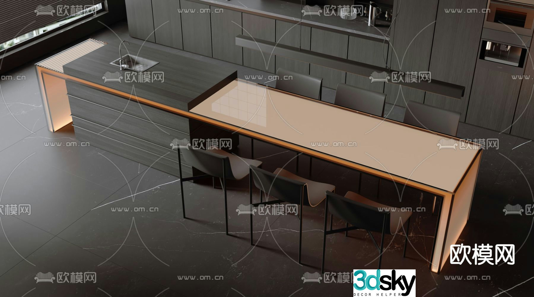 Island dining table and chairs 3d model