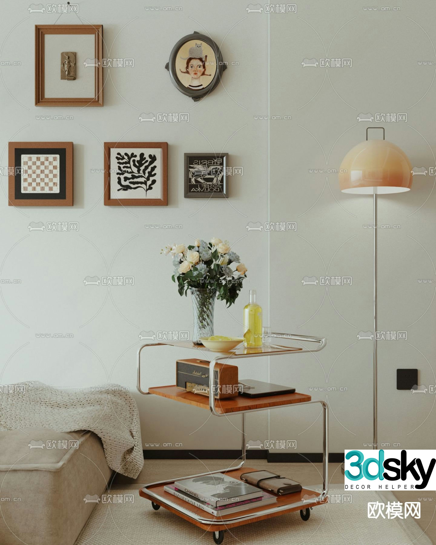 Middle-aged side table corner table small cart 3D model