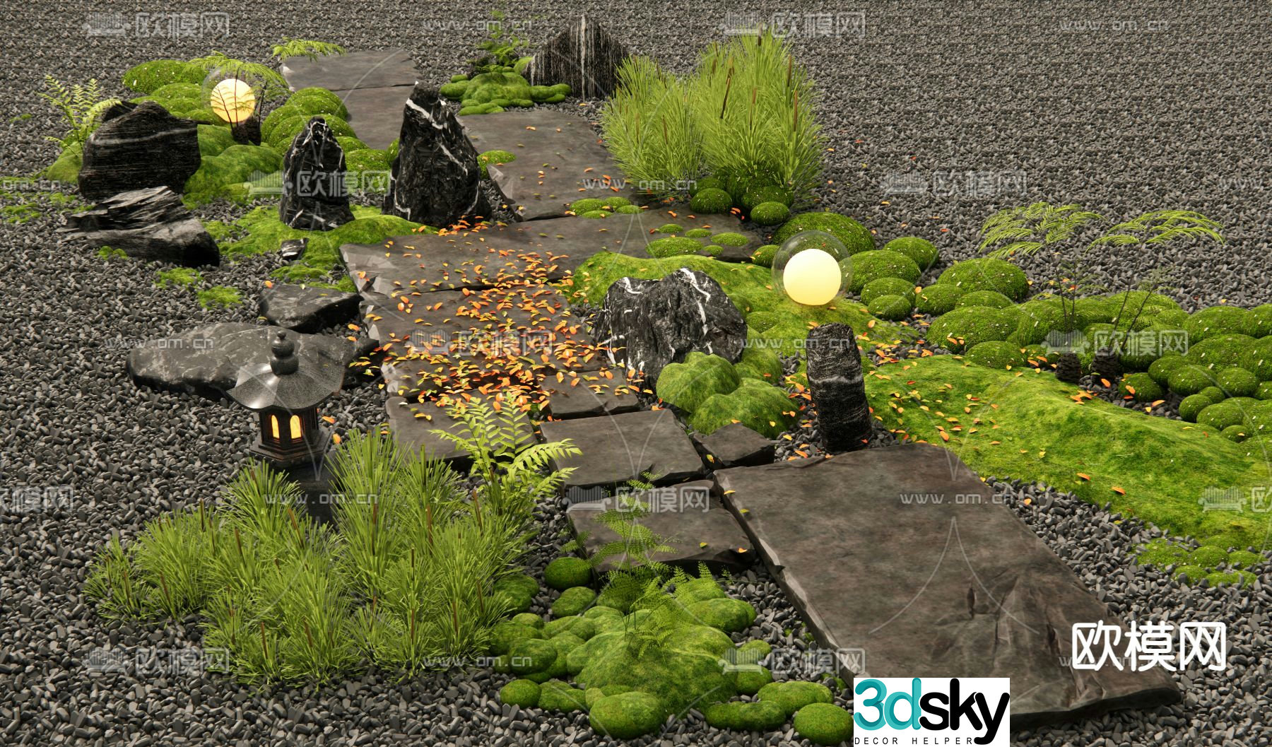 Japanese bluestone slab landscape steps garden road paving 3D model