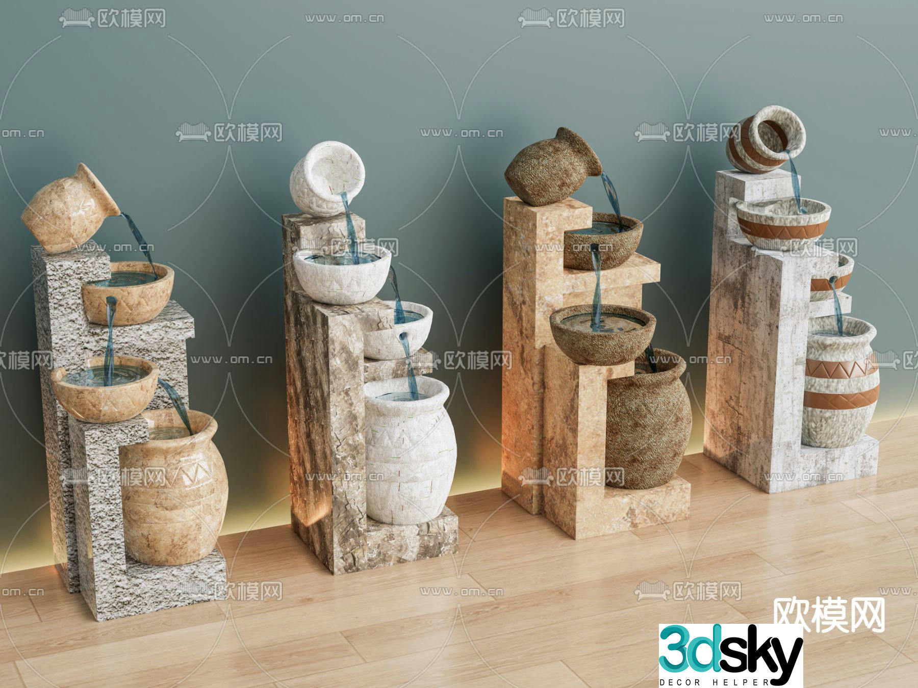 New Chinese style clay pot flowing water garden sketch flowing water sketch 3D model