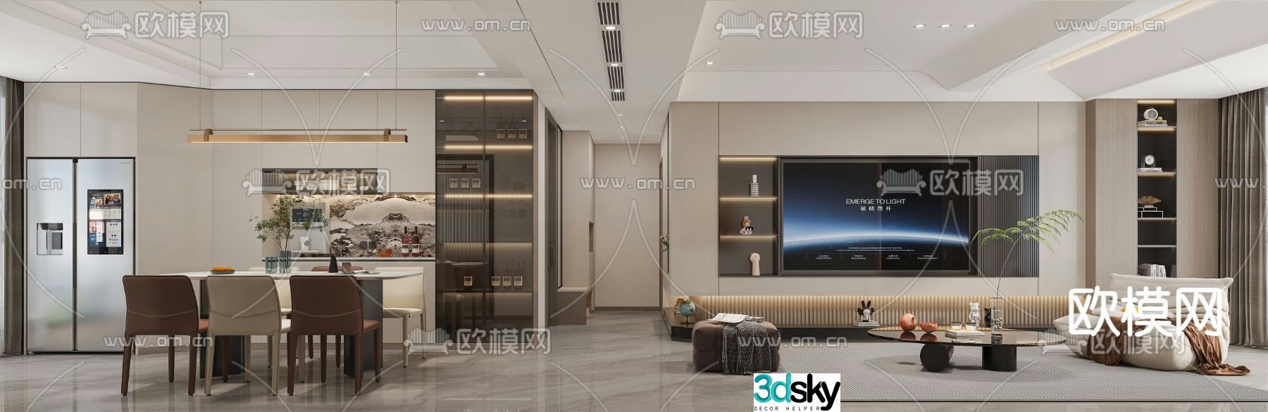 Modern living and dining room 3d model