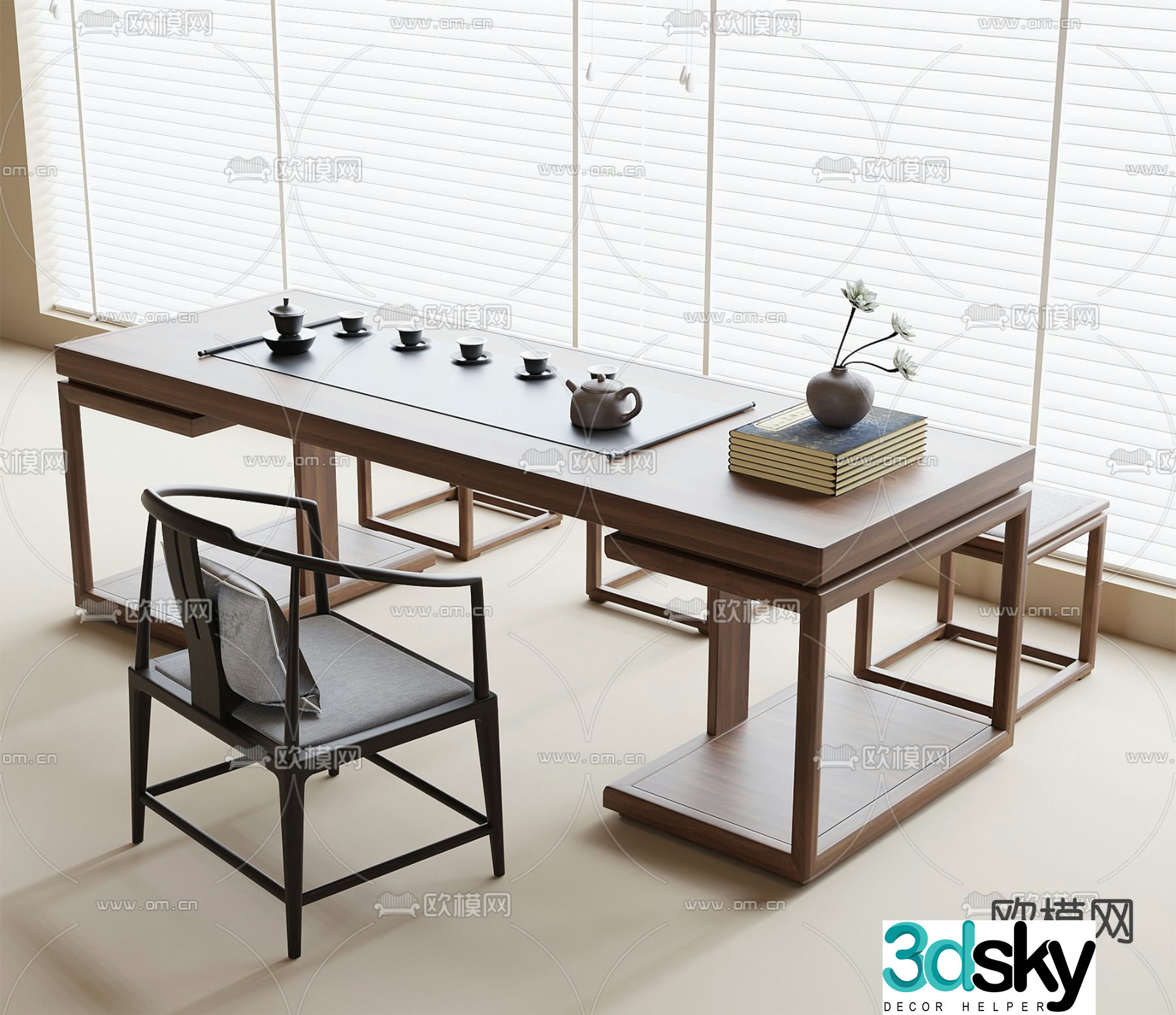 New Chinese tea table and chairs 3d model