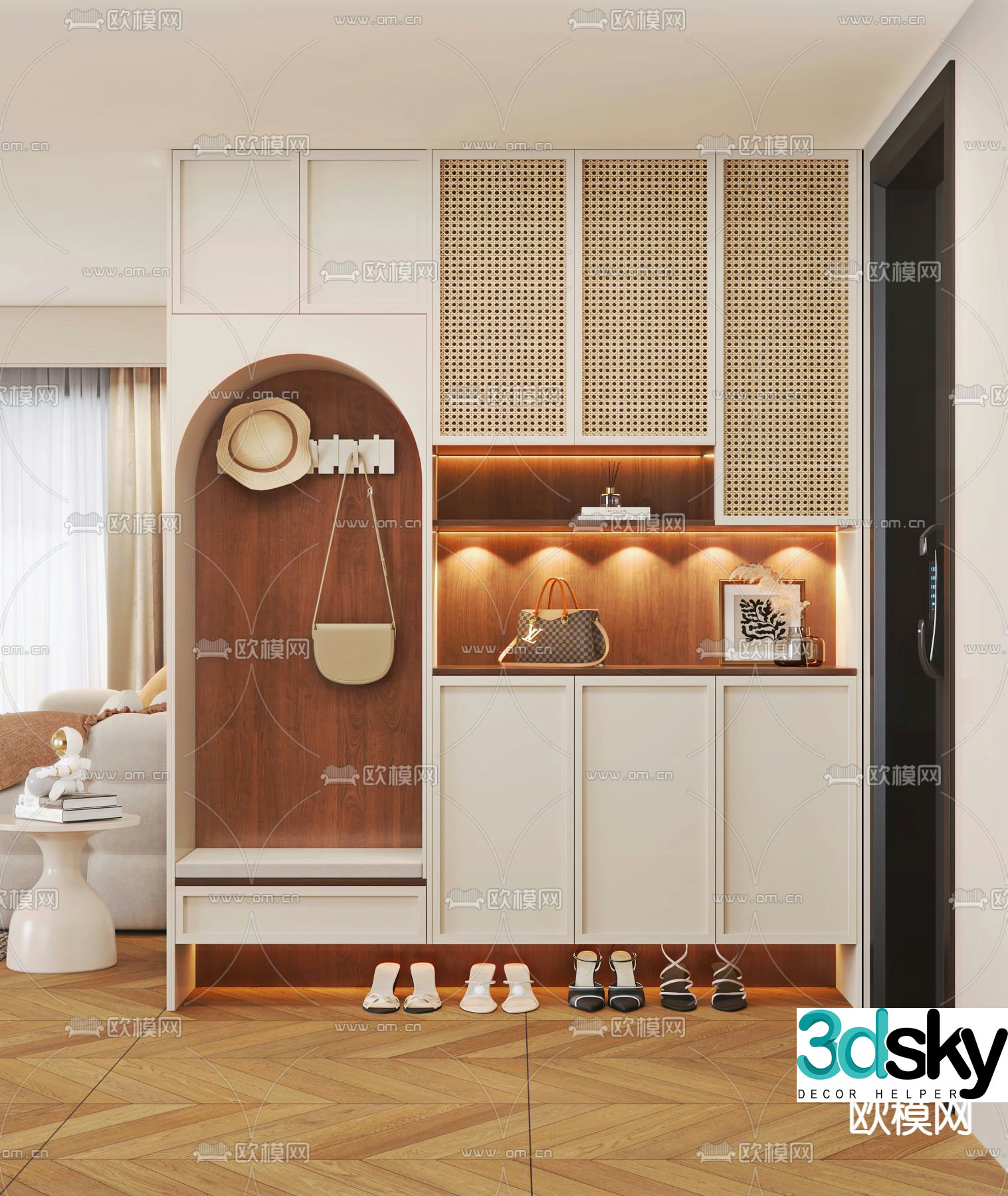 Cream style shoe cabinet shoe and hat cabinet 3d model