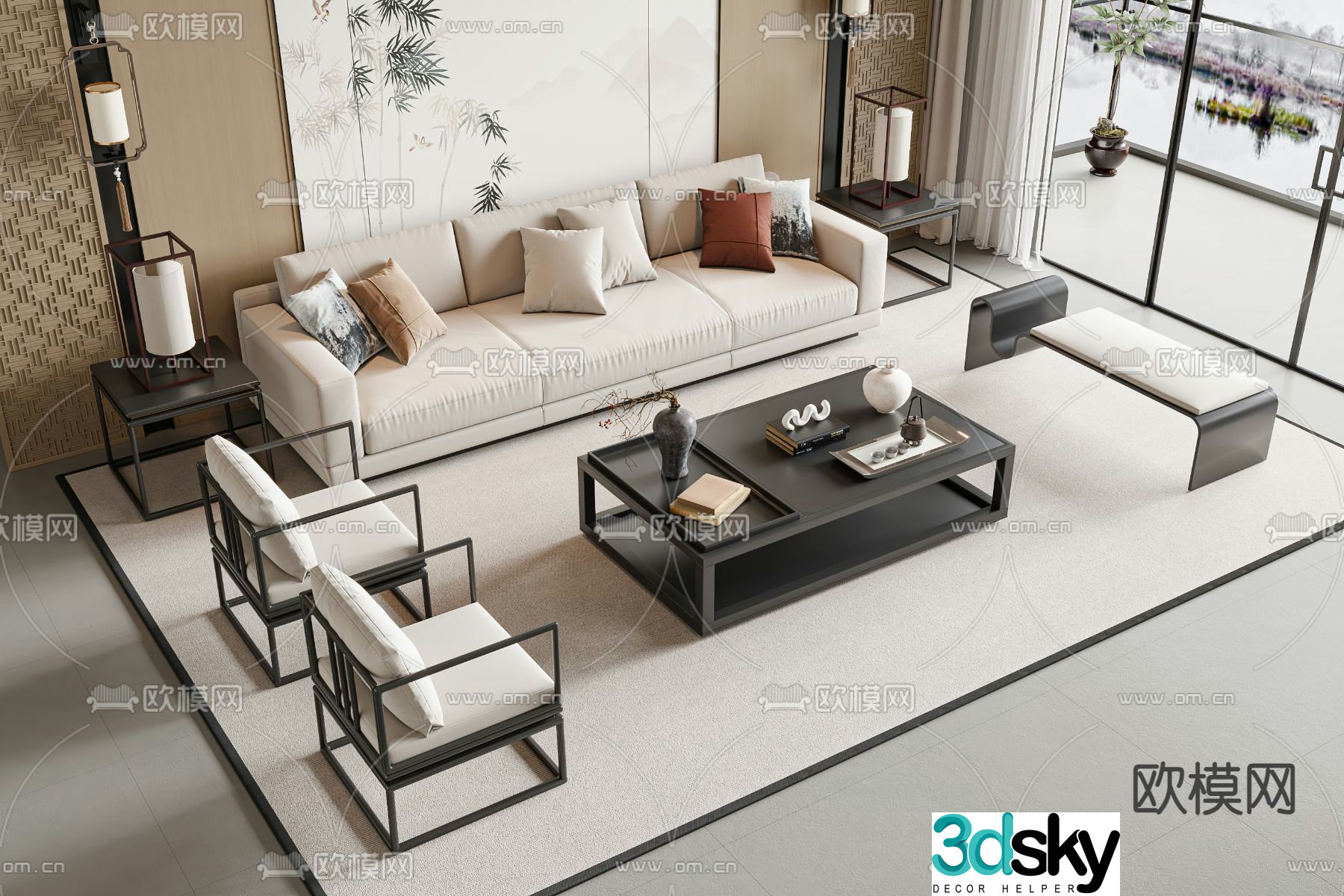 New Chinese style modular sofa 3d model