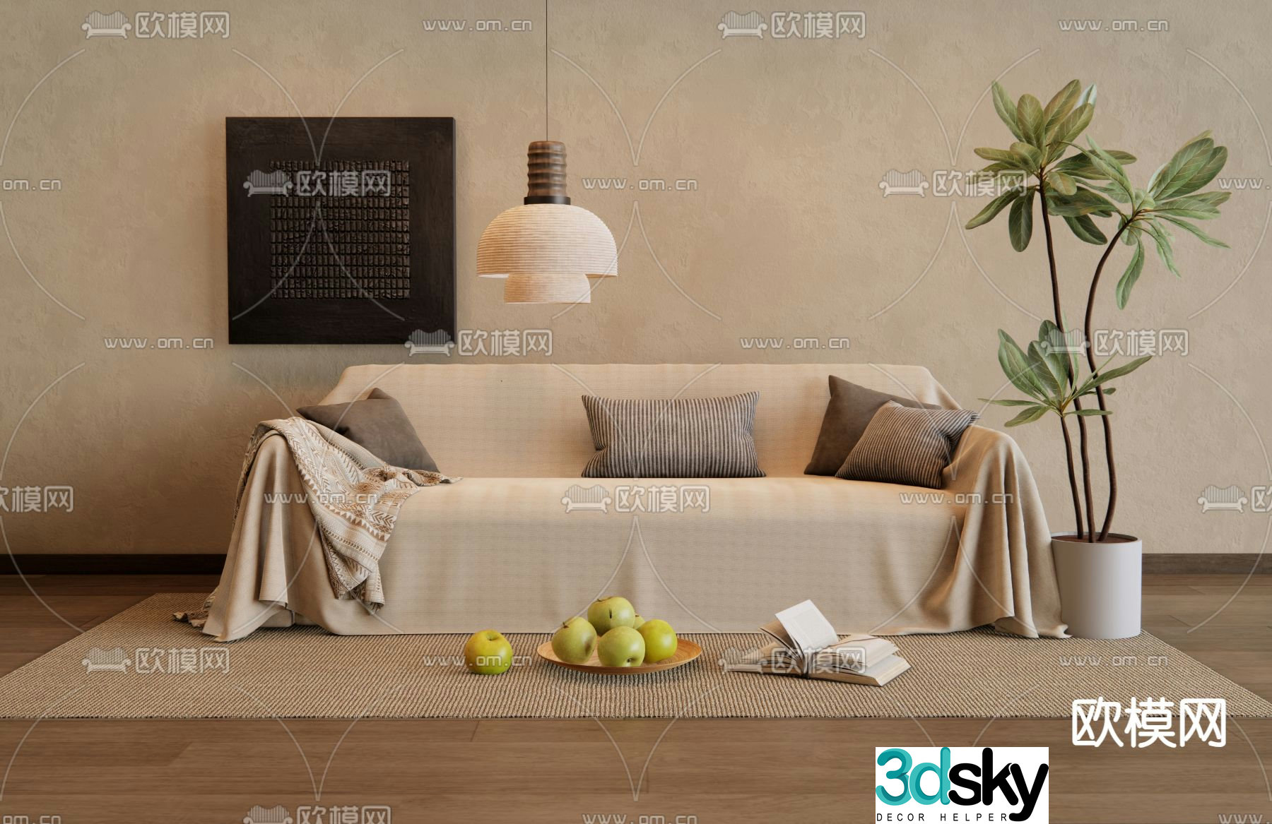 Wabi-sabi style three-seat sofa 3D model