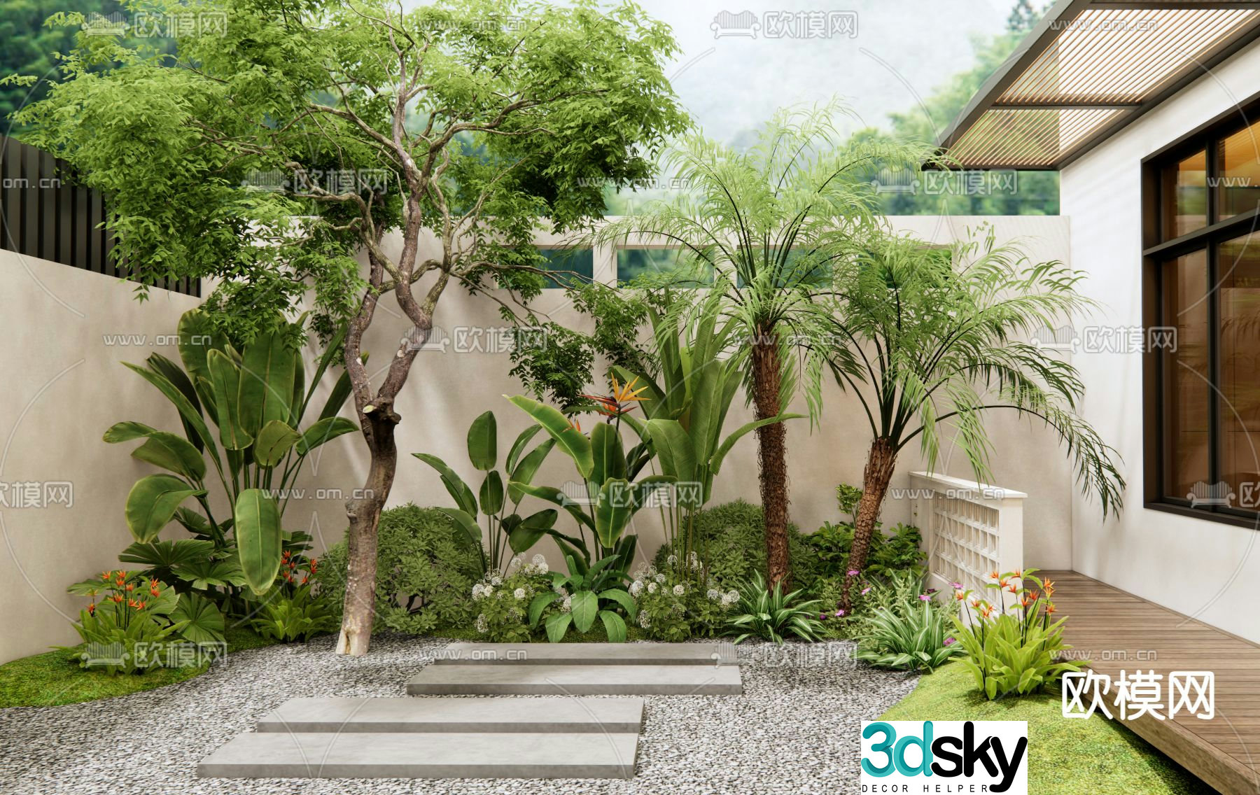 Modern villa courtyard landscape plant landscaping 3D model