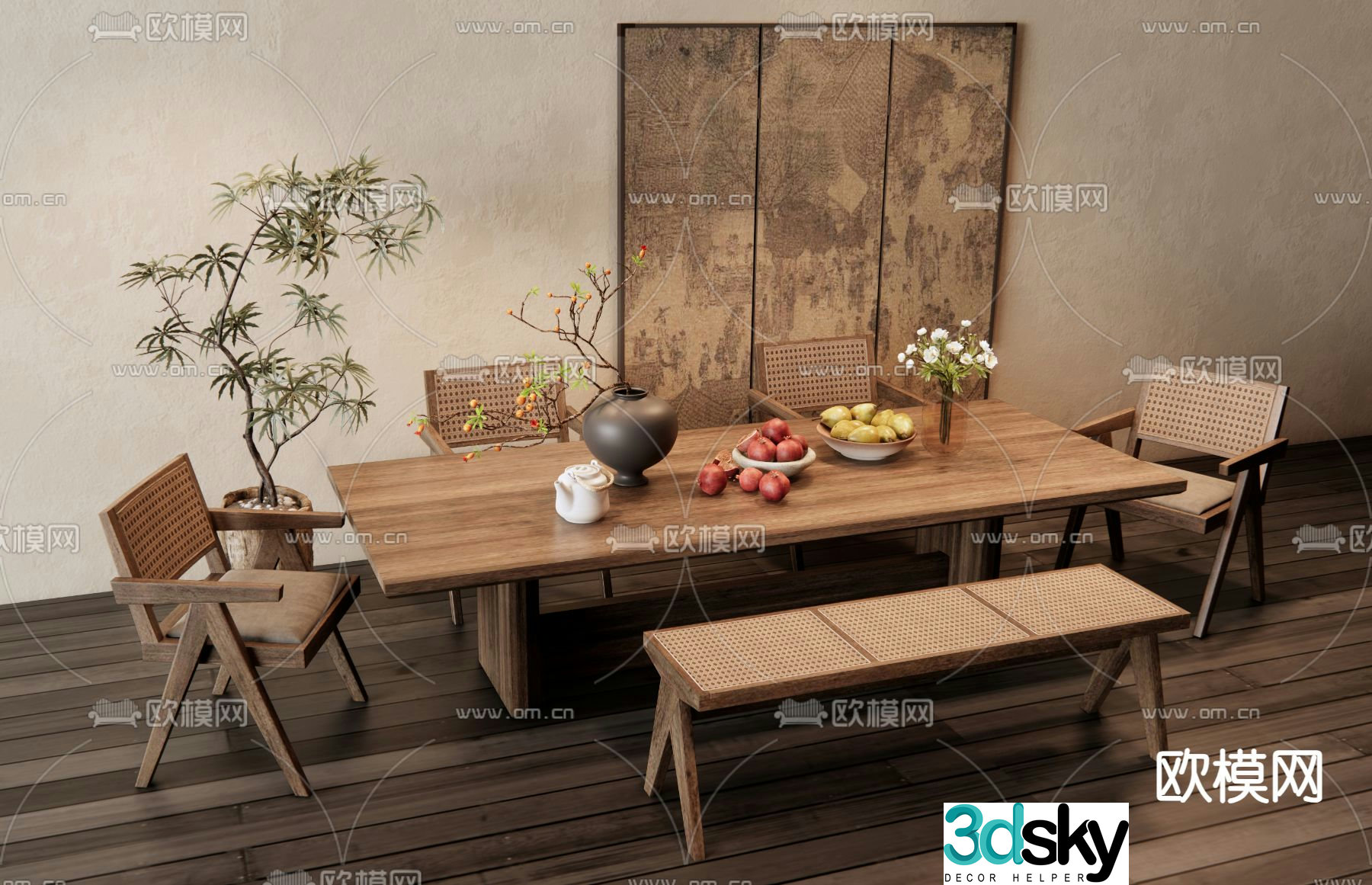 Medieval style dining table and chairs 3d model