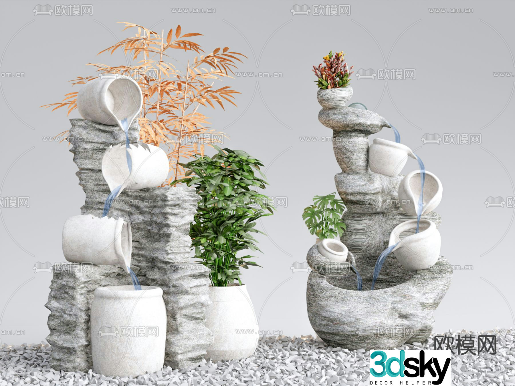 New Chinese style clay pot flowing water garden sketch 3D model
