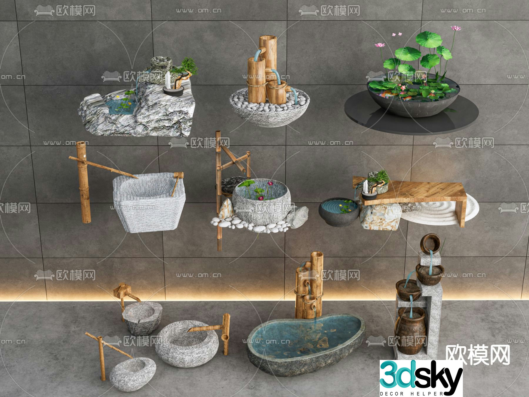 New Chinese style courtyard sketch pool flowing water 3d model