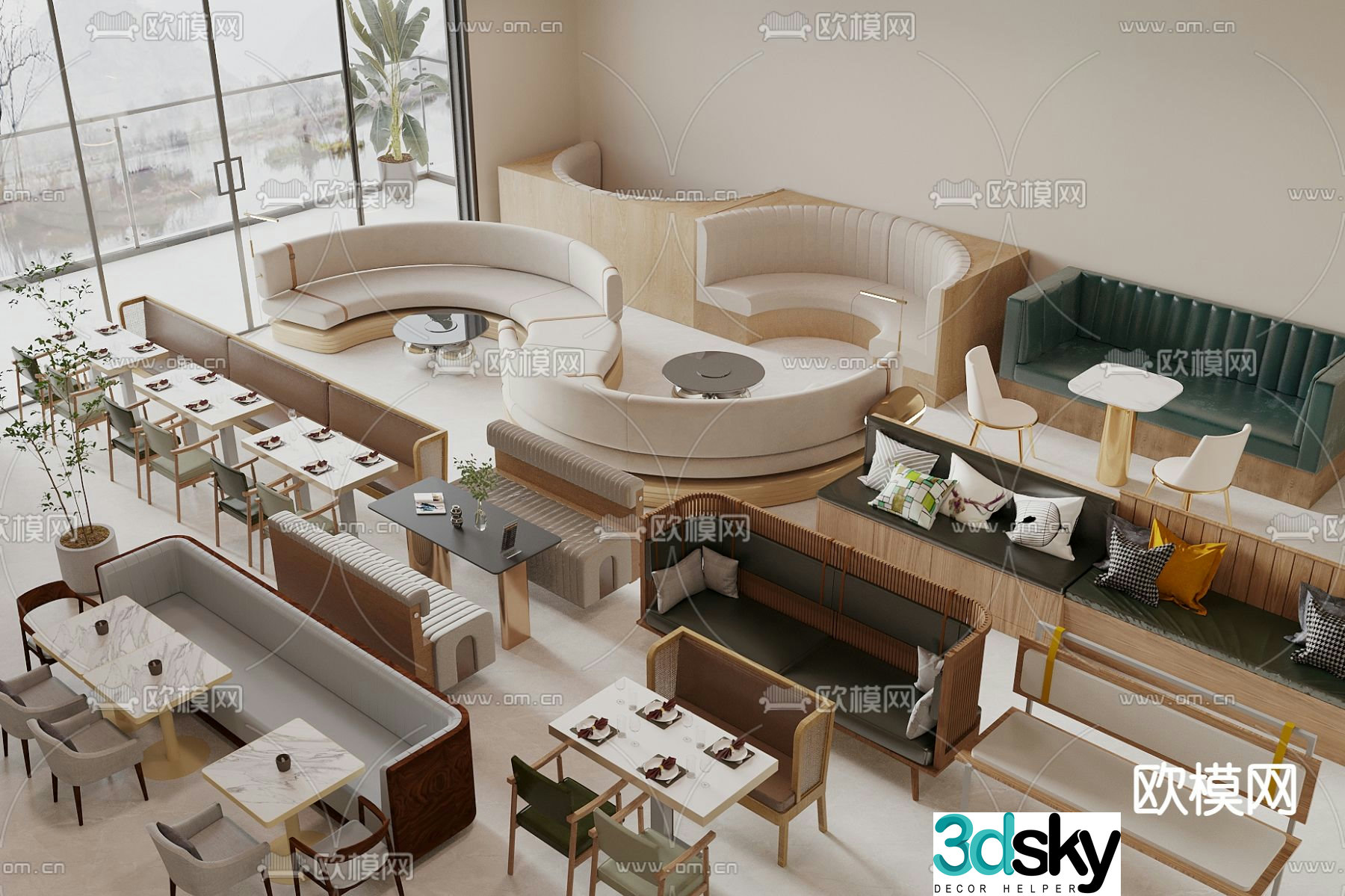 Card seat sofa curved card seat commercial dining table and chairs 3D model