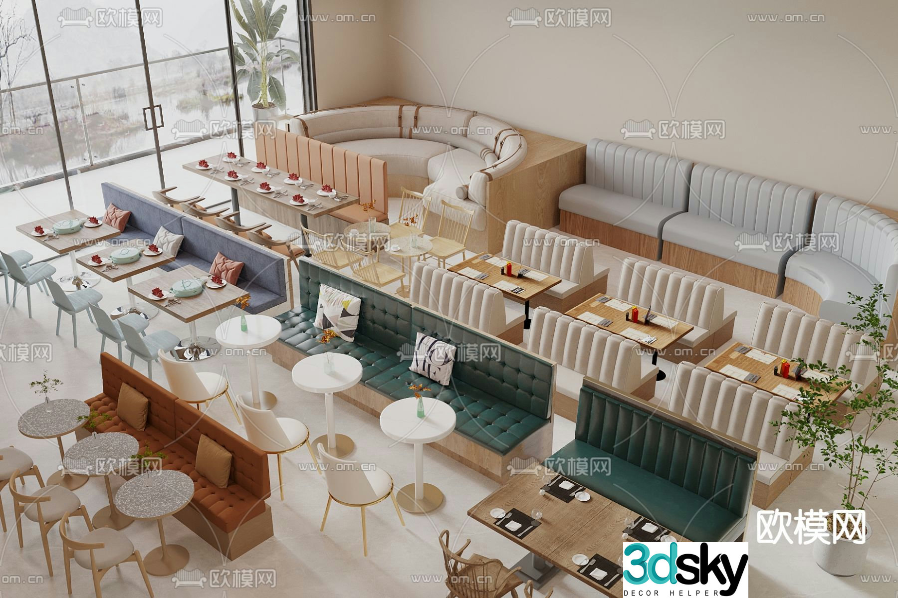 Card seat sofa curved card seat commercial dining table and chairs 3D model