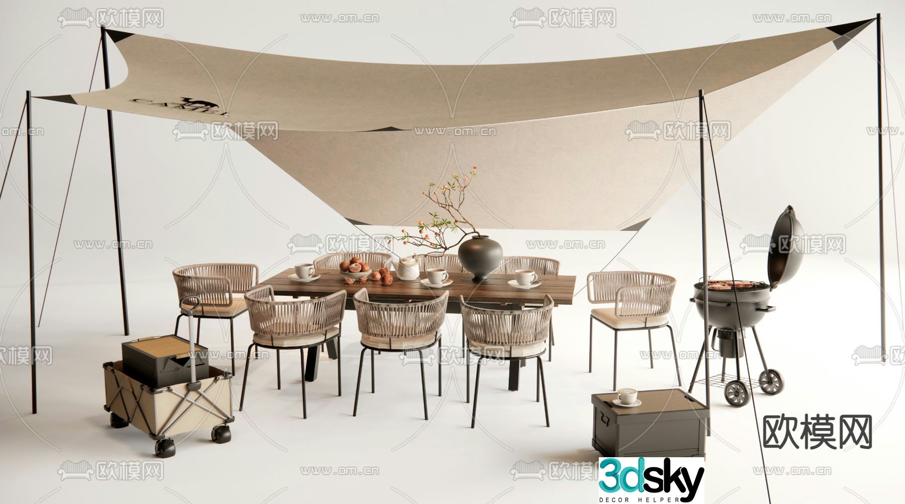 Modern camping table and chairs 3d model
