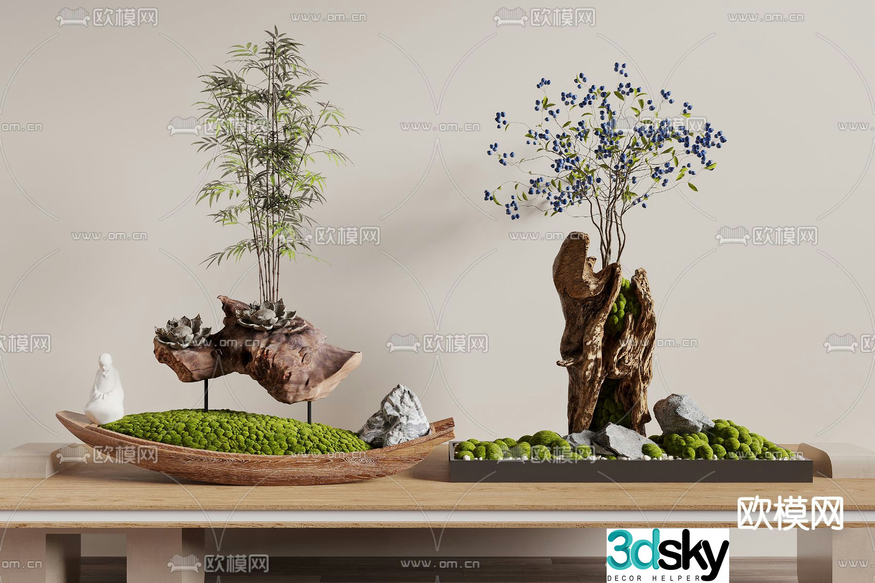 Modern dead wood and green plants 3d model