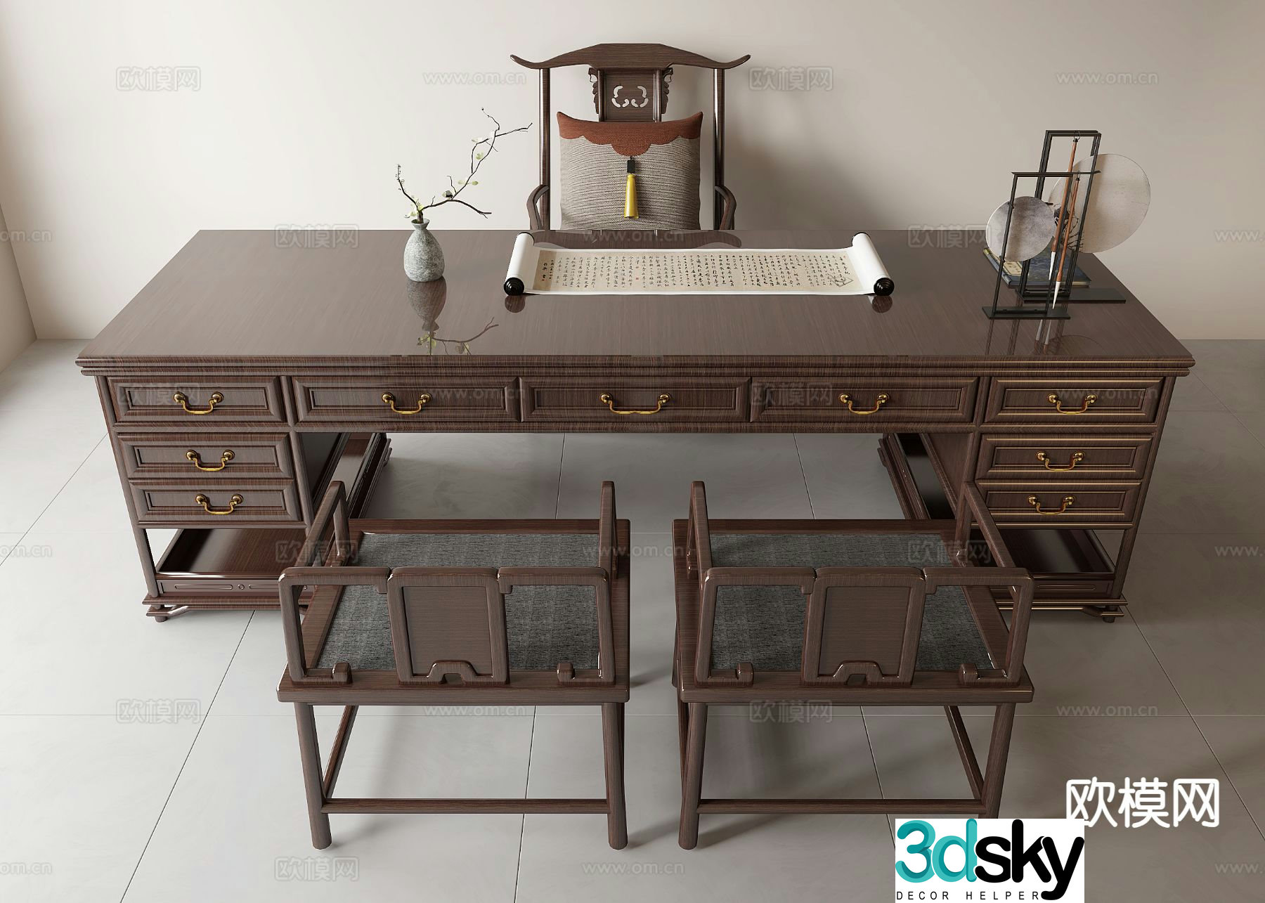 Chinese desk and chair 3d model