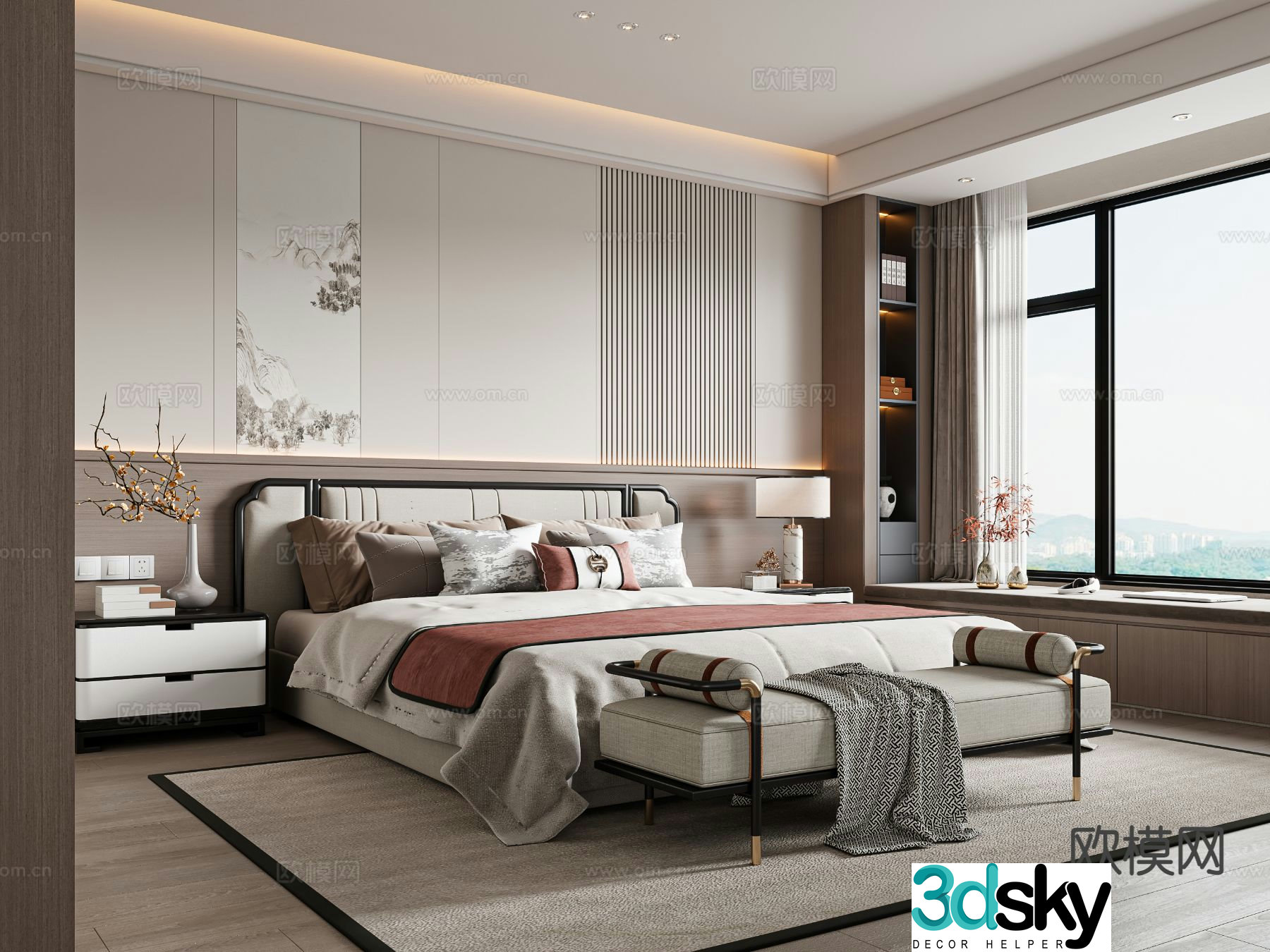 New Chinese style double bed 3d model