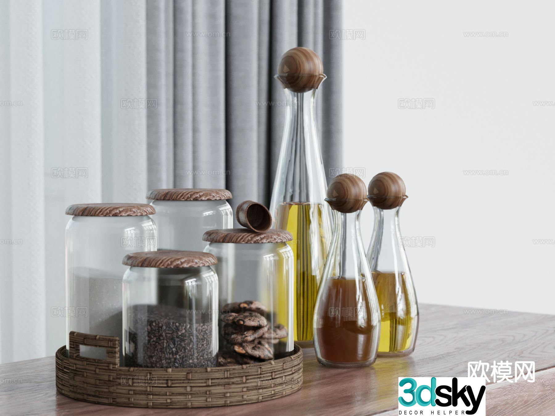 Modern kitchen accessories condiment bottles nuts beverages 3D model