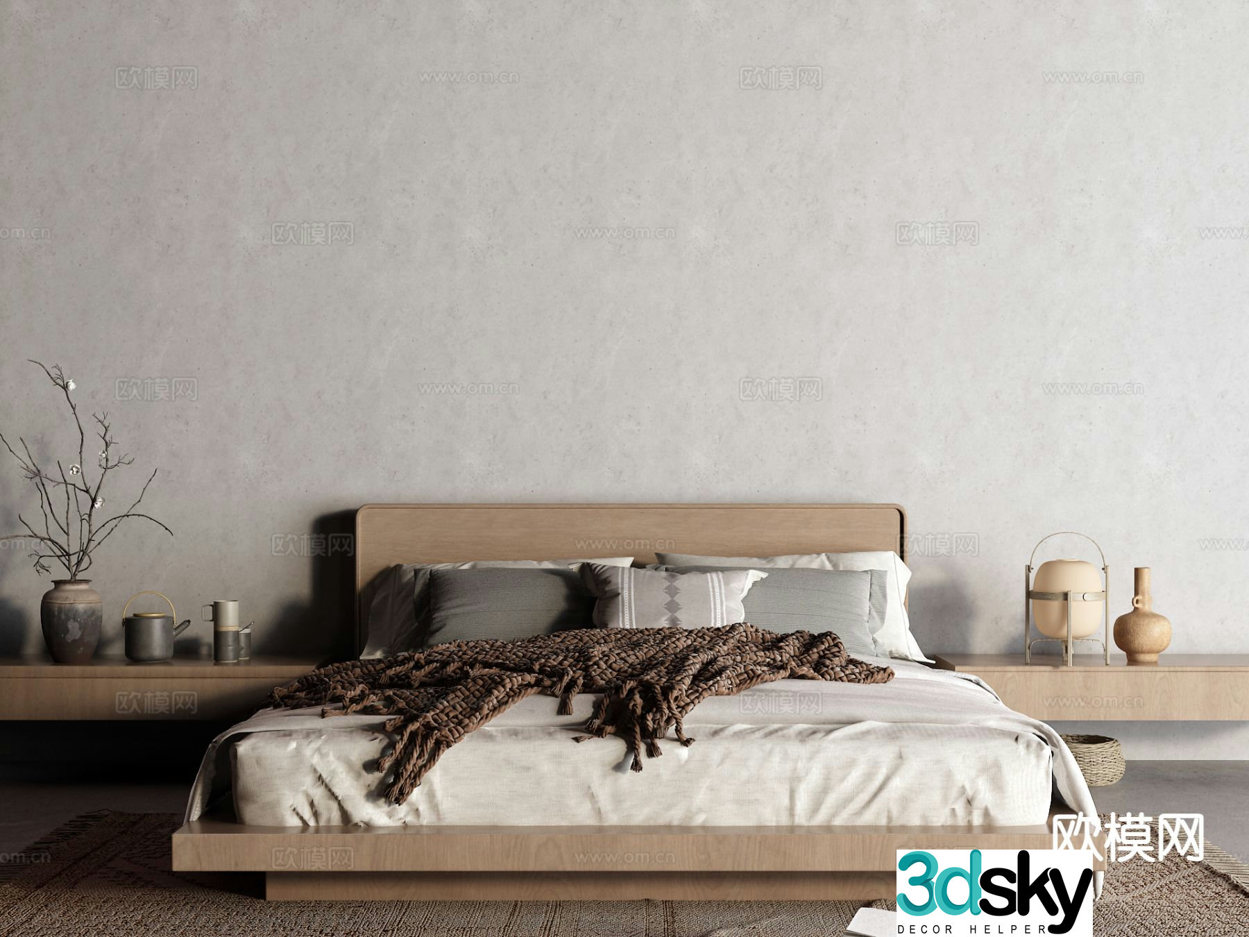 Wabi-sabi style double bed 3d model