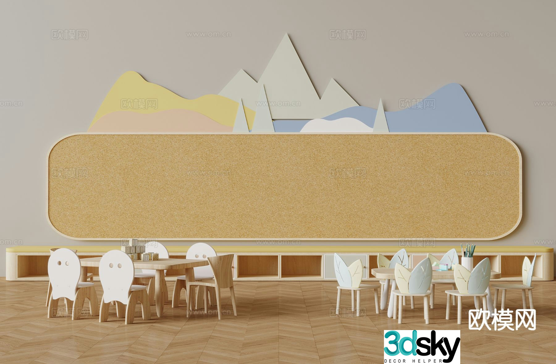 Kindergarten tables chairs desks low cabinets 3D model
