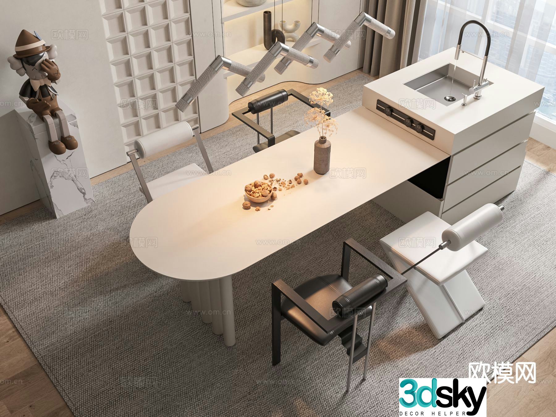 Cream style dining table and chairs island dining table 3d model